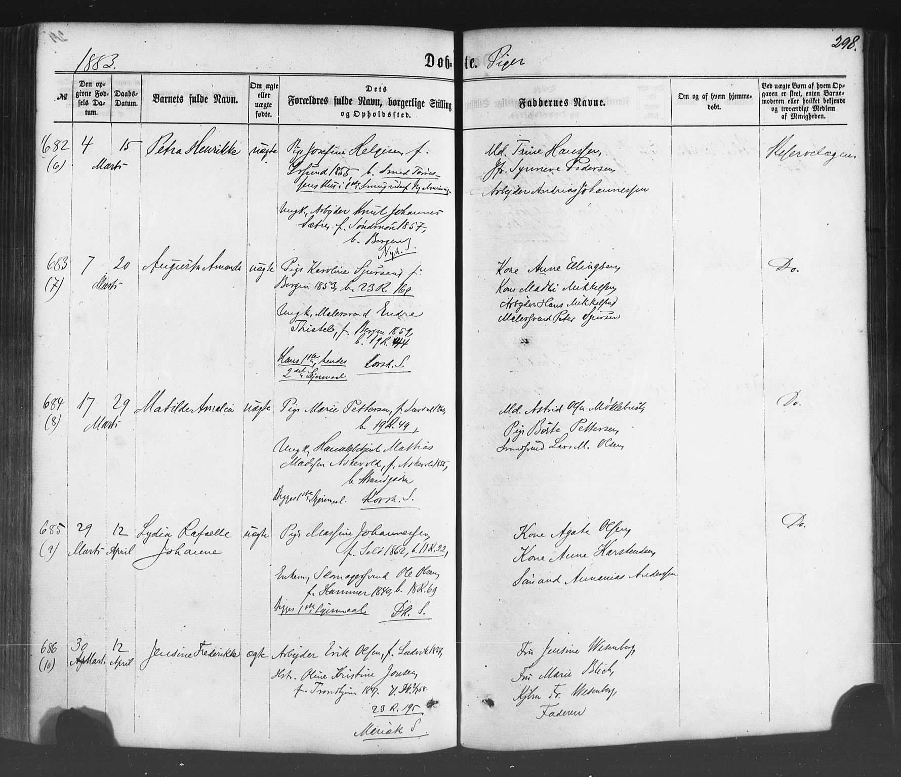Fødselsstiftelsens sokneprestembete*, SAB/-: Parish register (official) no. A 1, 1863-1883, p. 298