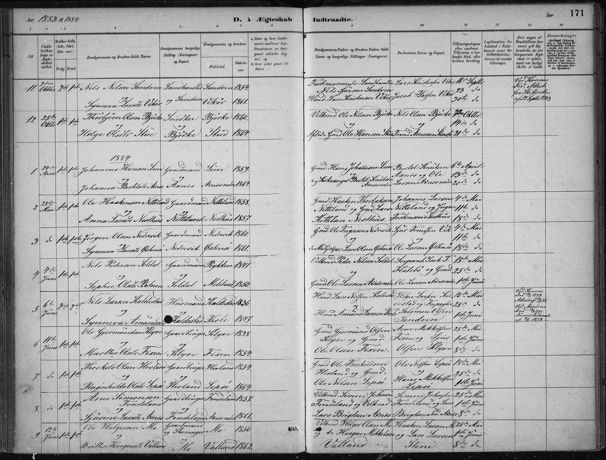 Kvam sokneprestembete, SAB/A-76201/H/Haa: Parish register (official) no. B  1, 1880-1908, p. 171