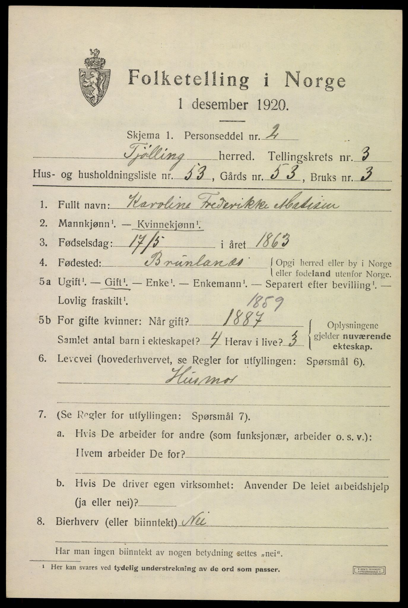 SAKO, 1920 census for Tjølling, 1920, p. 7495