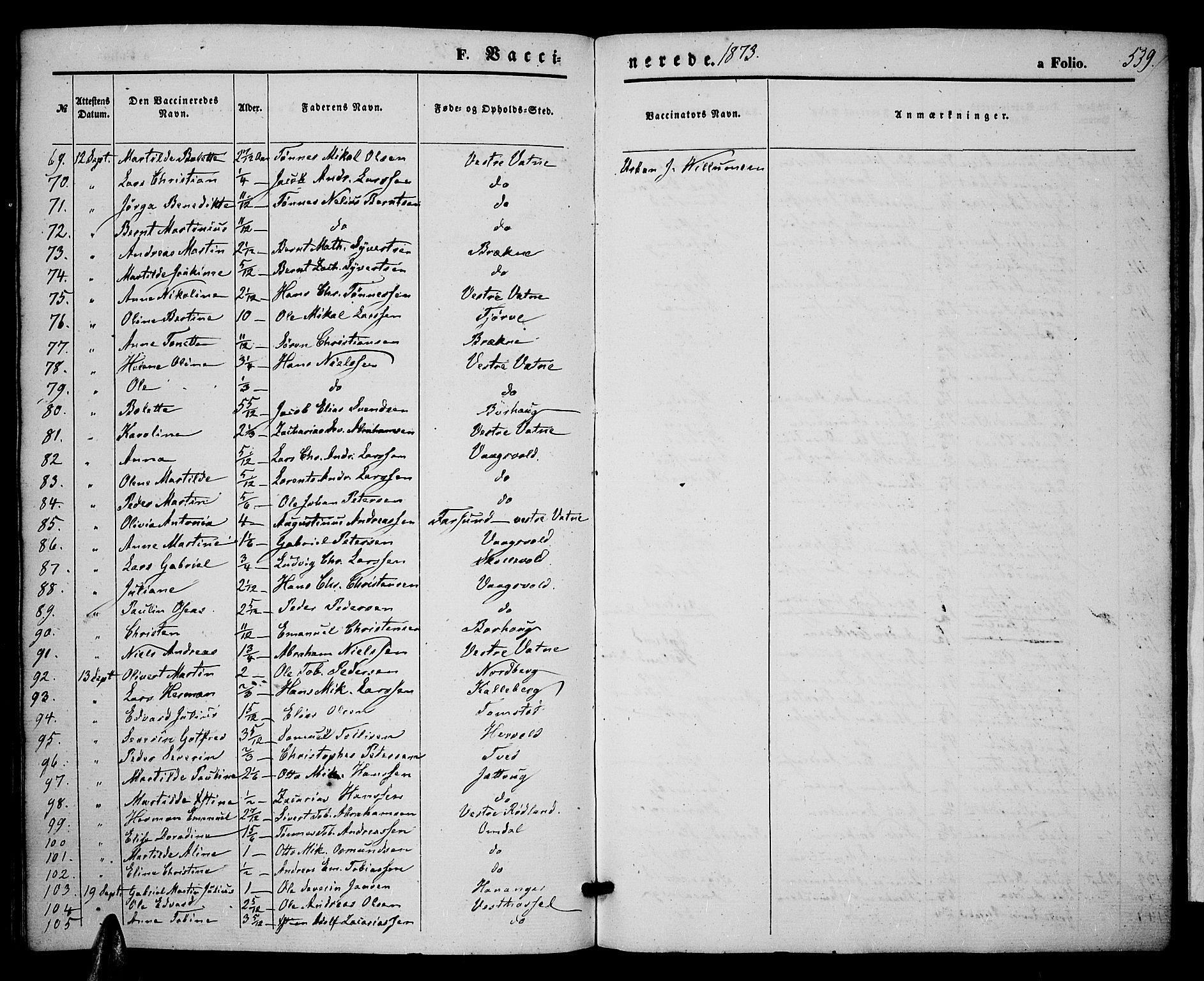 Lista sokneprestkontor, AV/SAK-1111-0027/F/Fb/L0003: Parish register (copy) no. B 3, 1862-1877, p. 539