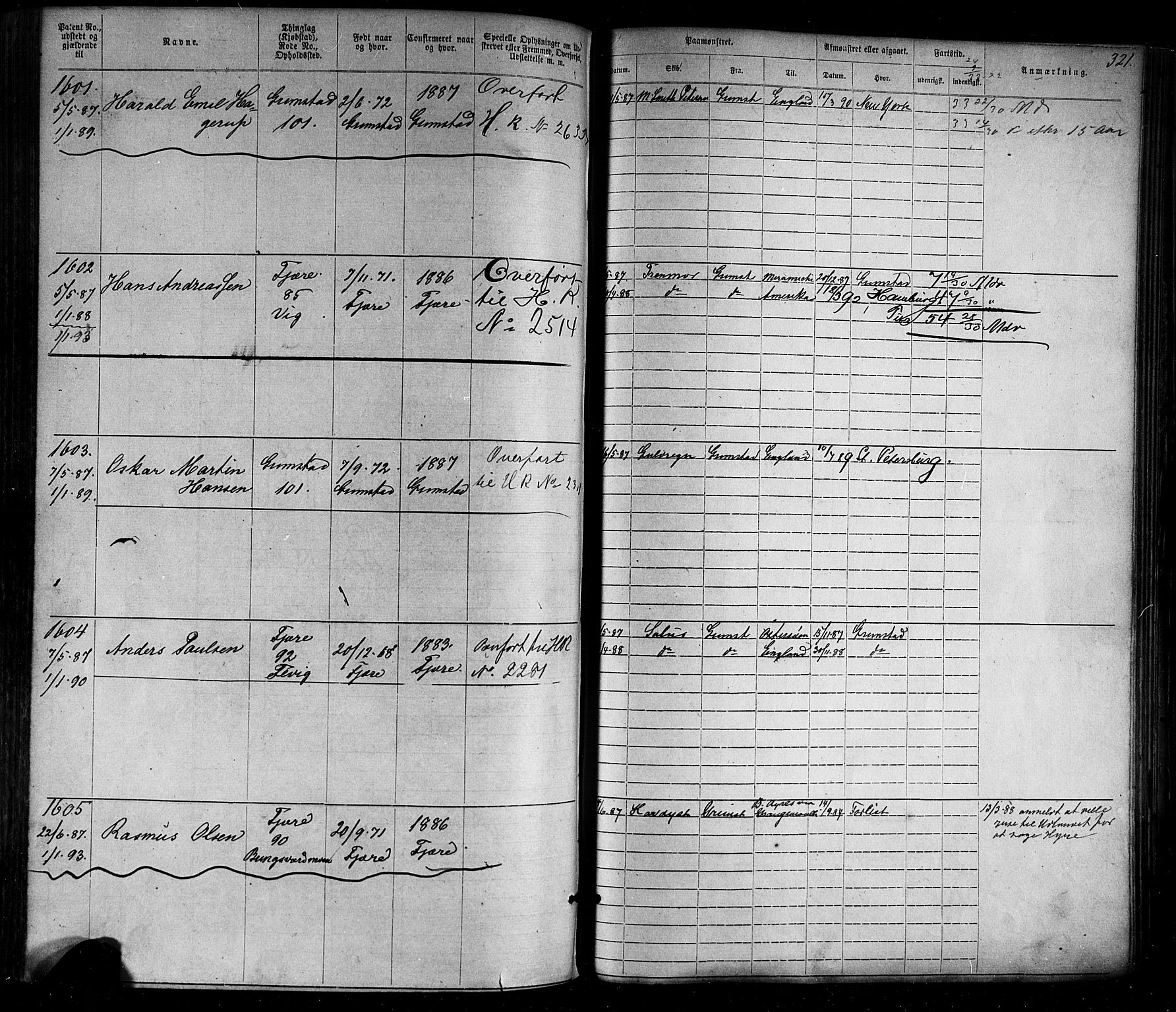 Grimstad mønstringskrets, SAK/2031-0013/F/Fa/L0005: Annotasjonsrulle nr 1-1910 med register, V-18, 1870-1892, p. 359