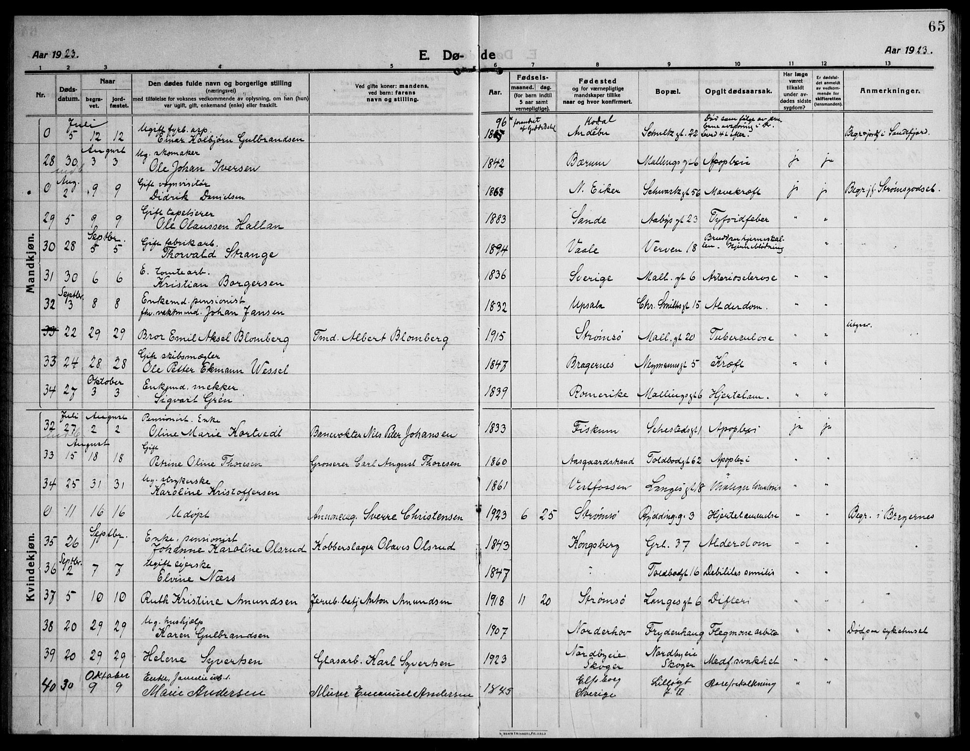 Strømsø kirkebøker, AV/SAKO-A-246/F/Fa/L0028: Parish register (official) no. I 29, 1914-1937, p. 65