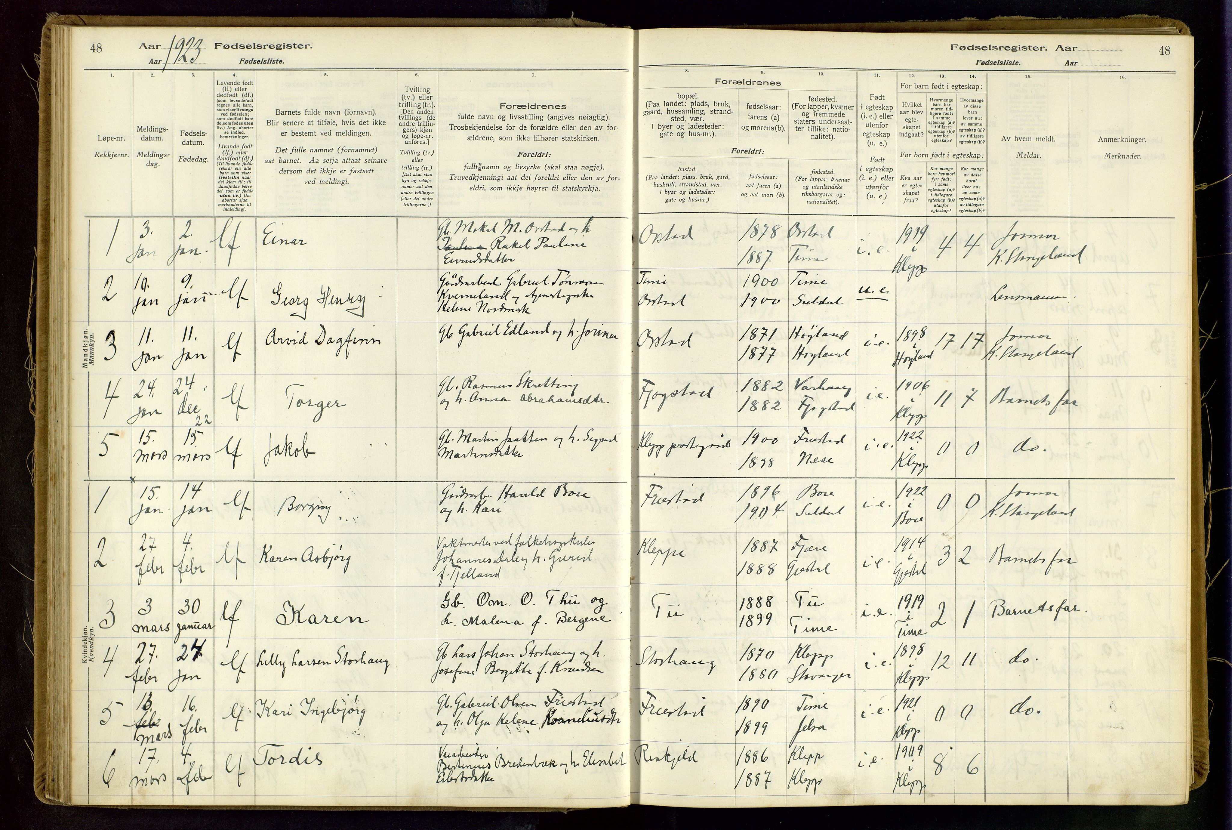 Klepp sokneprestkontor, SAST/A-101803/001/704BAA/L0001: Birth register no. 1, 1916-1948, p. 48
