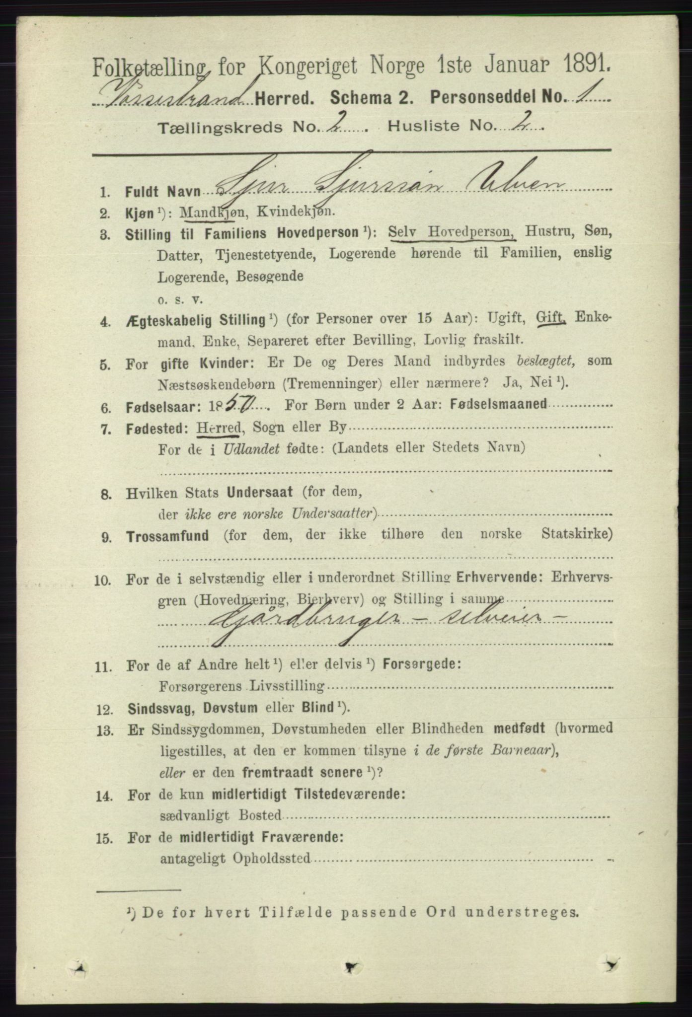 RA, 1891 census for 1236 Vossestrand, 1891, p. 725