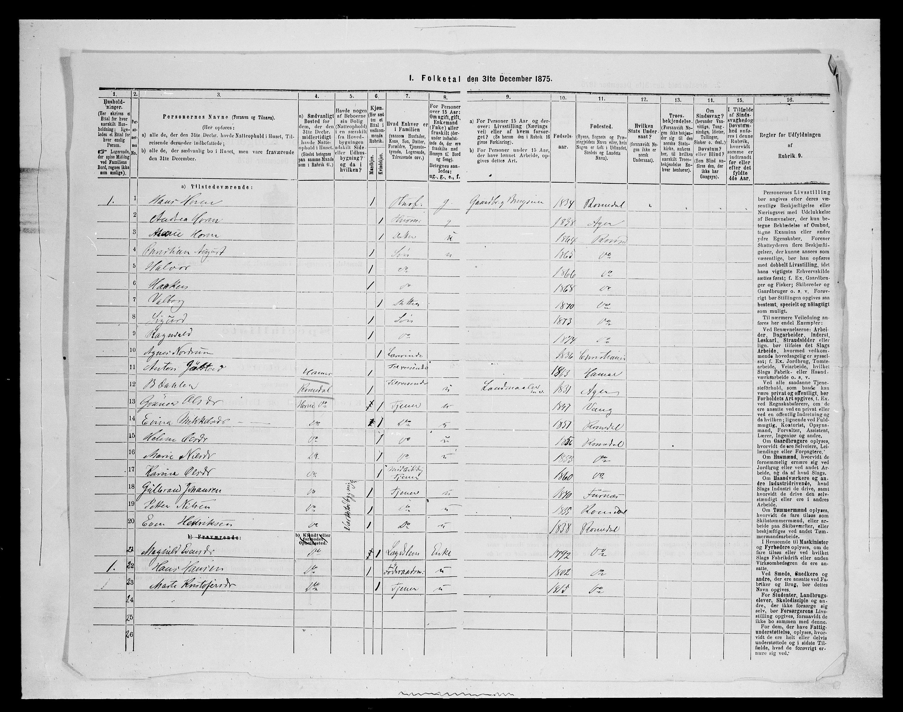 SAH, 1875 census for 0416P Romedal, 1875, p. 281