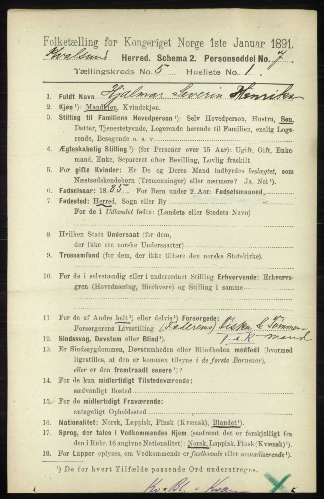 RA, 1891 census for 2017 Kvalsund, 1891, p. 521