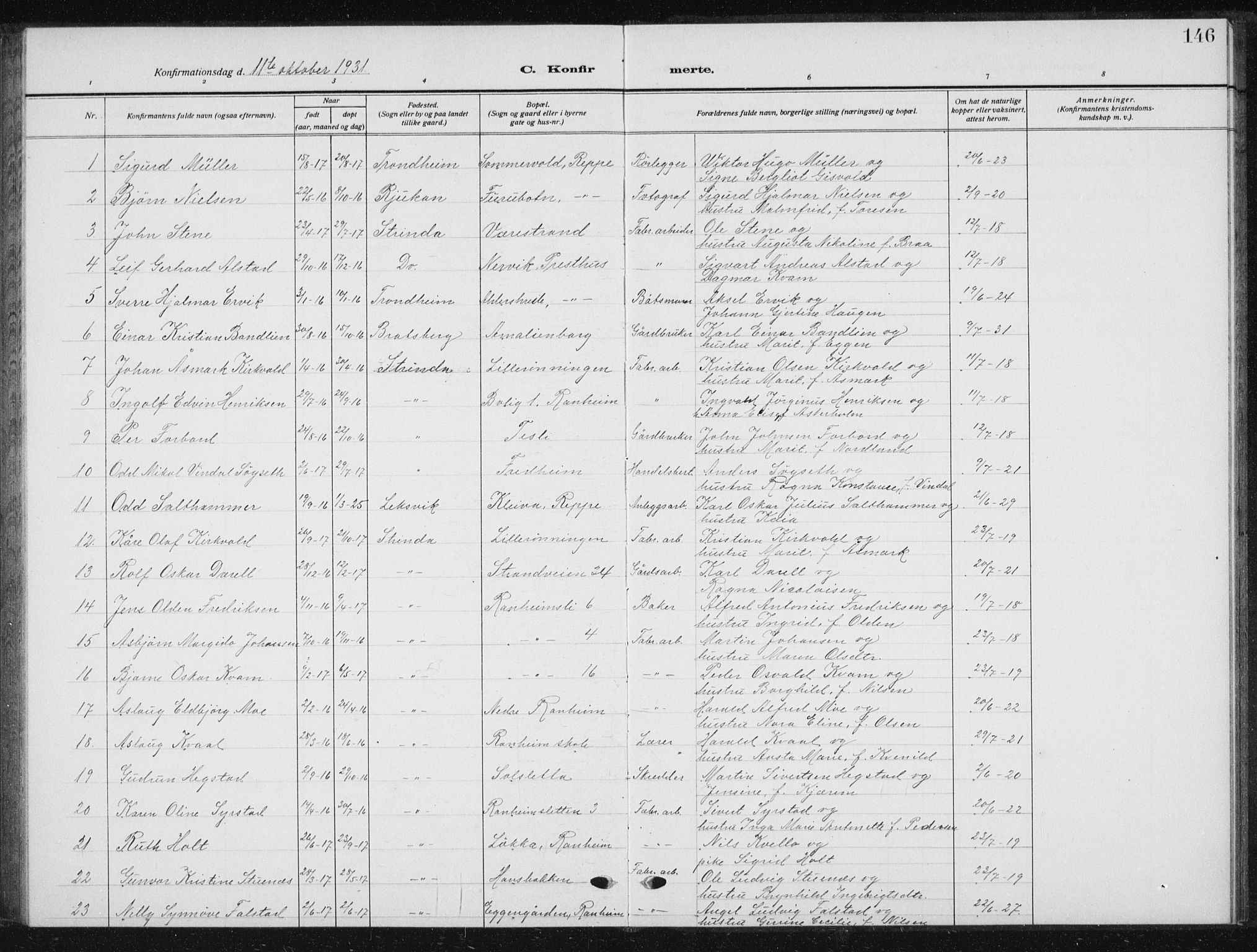Ministerialprotokoller, klokkerbøker og fødselsregistre - Sør-Trøndelag, SAT/A-1456/615/L0401: Parish register (copy) no. 615C02, 1922-1941, p. 146