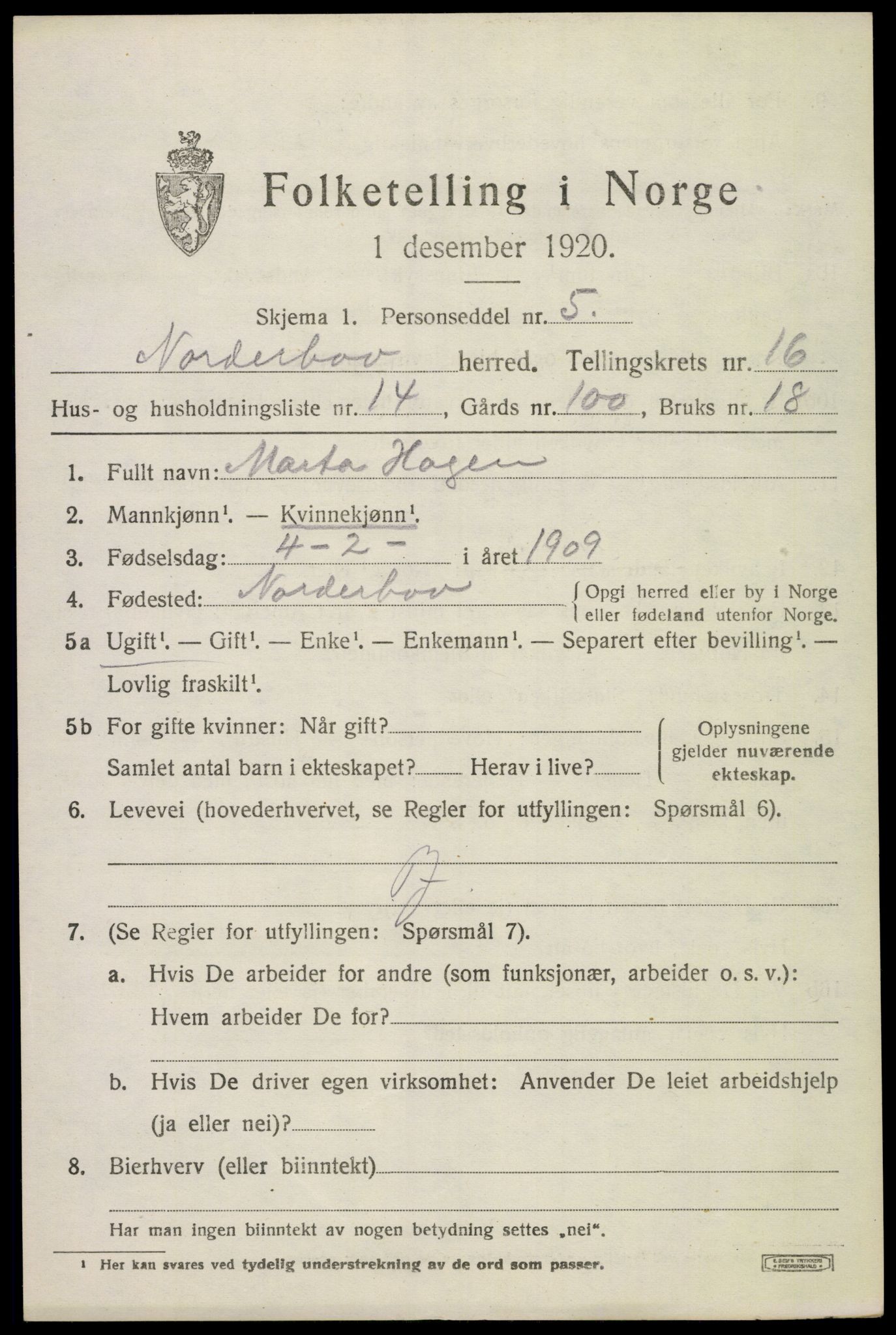 SAKO, 1920 census for Norderhov, 1920, p. 17802