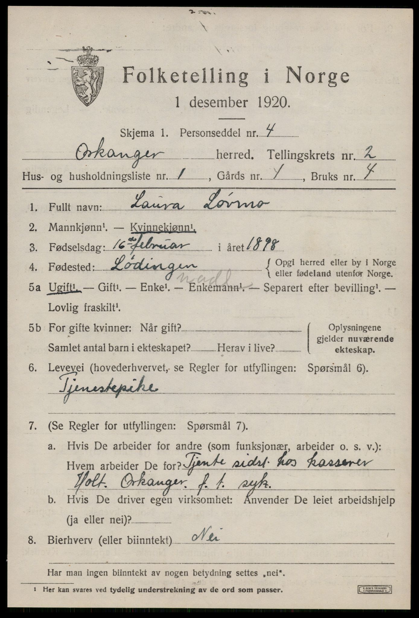 SAT, 1920 census for Orkanger, 1920, p. 1199