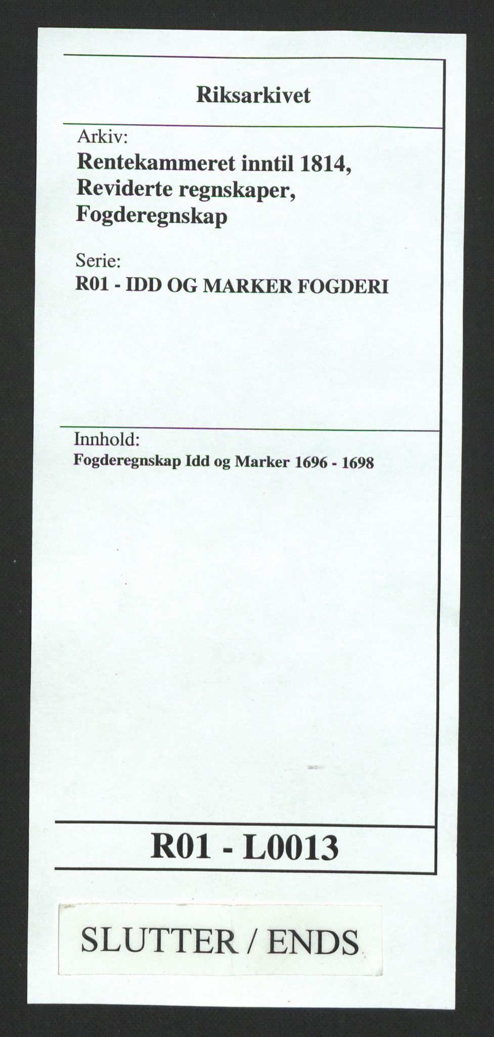 Rentekammeret inntil 1814, Reviderte regnskaper, Fogderegnskap, AV/RA-EA-4092/R01/L0013: Fogderegnskap Idd og Marker, 1696-1698, p. 385