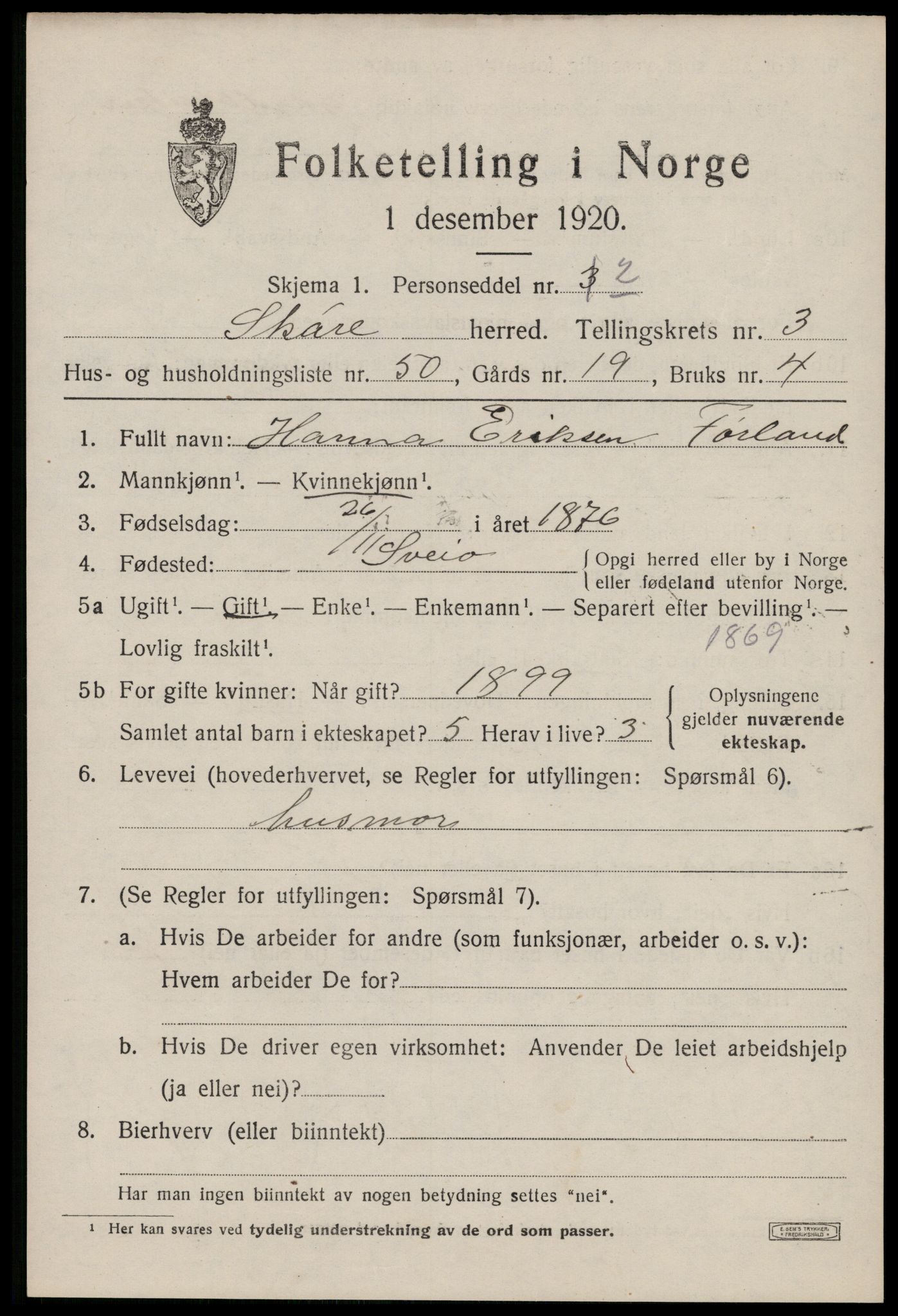 SAST, 1920 census for Skåre, 1920, p. 2074