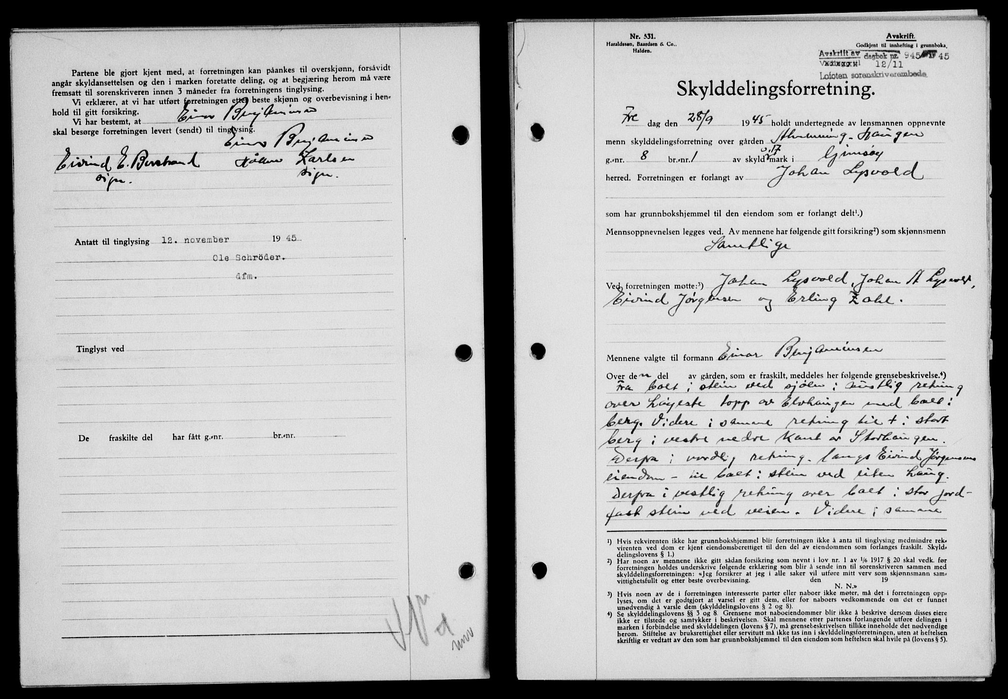 Lofoten sorenskriveri, SAT/A-0017/1/2/2C/L0013a: Mortgage book no. 13a, 1944-1946, Diary no: : 945/1945