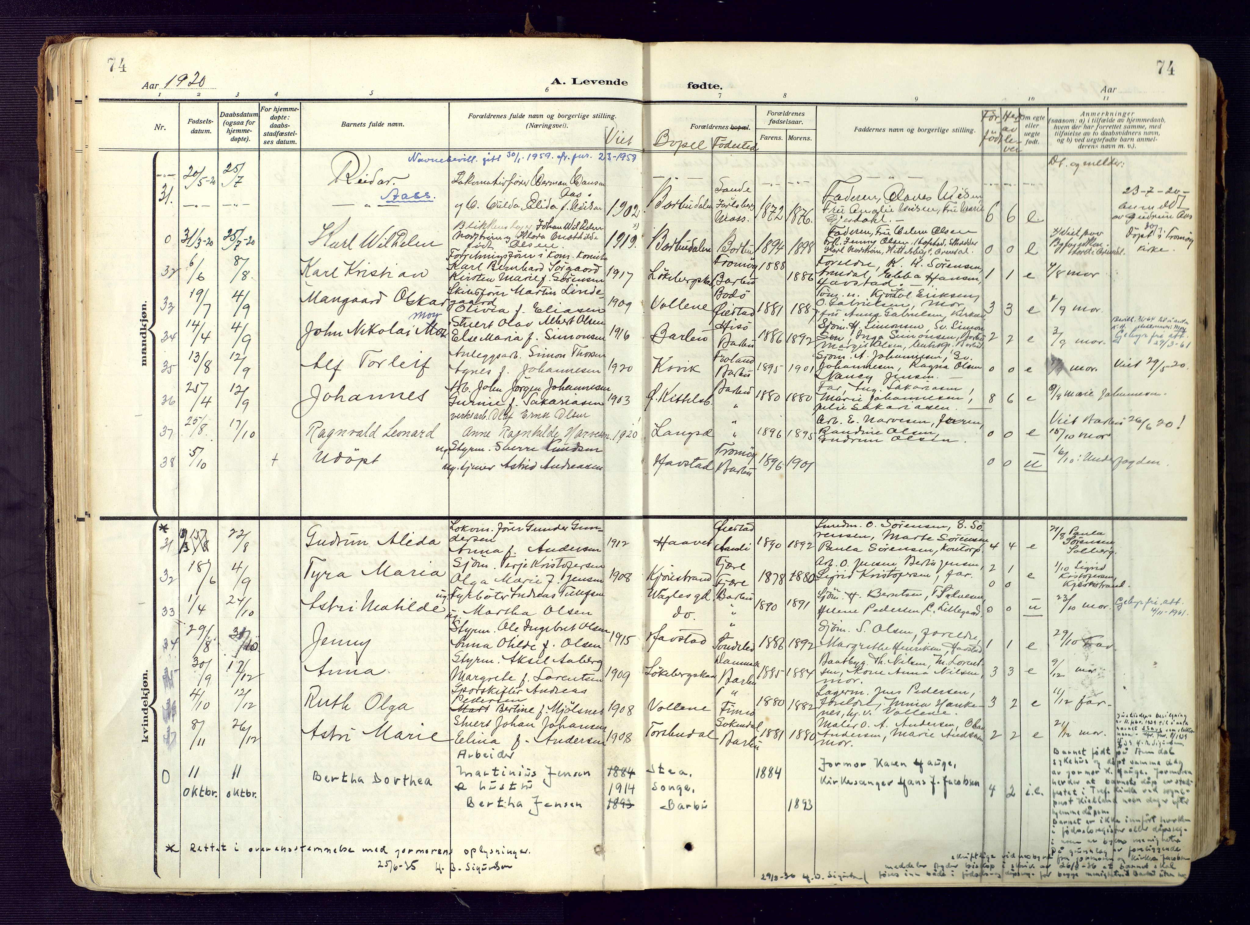 Barbu sokneprestkontor, AV/SAK-1111-0003/F/Fa/L0006: Parish register (official) no. A 6, 1910-1929, p. 74