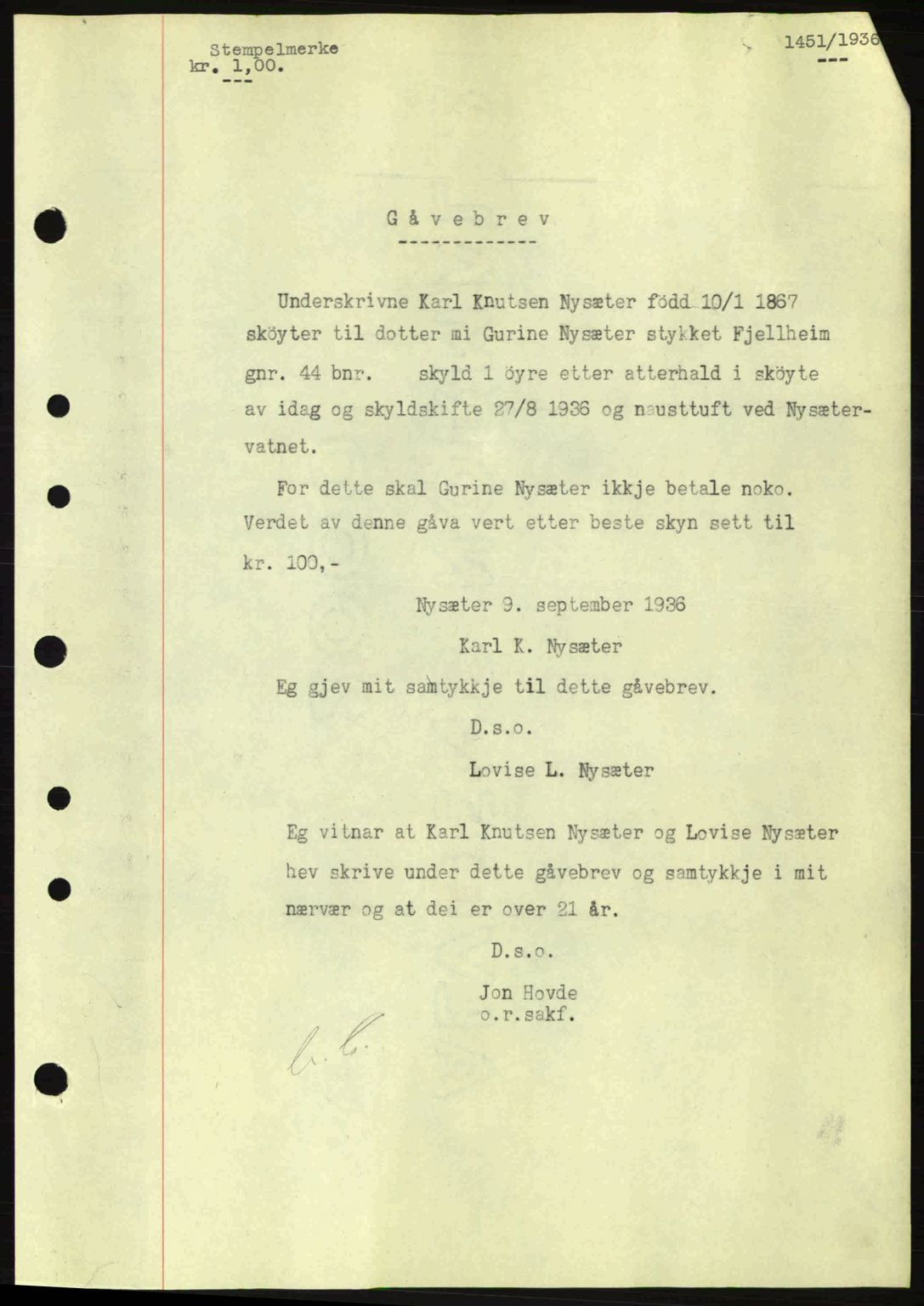 Nordre Sunnmøre sorenskriveri, AV/SAT-A-0006/1/2/2C/2Ca: Mortgage book no. A2, 1936-1937, Diary no: : 1451/1936