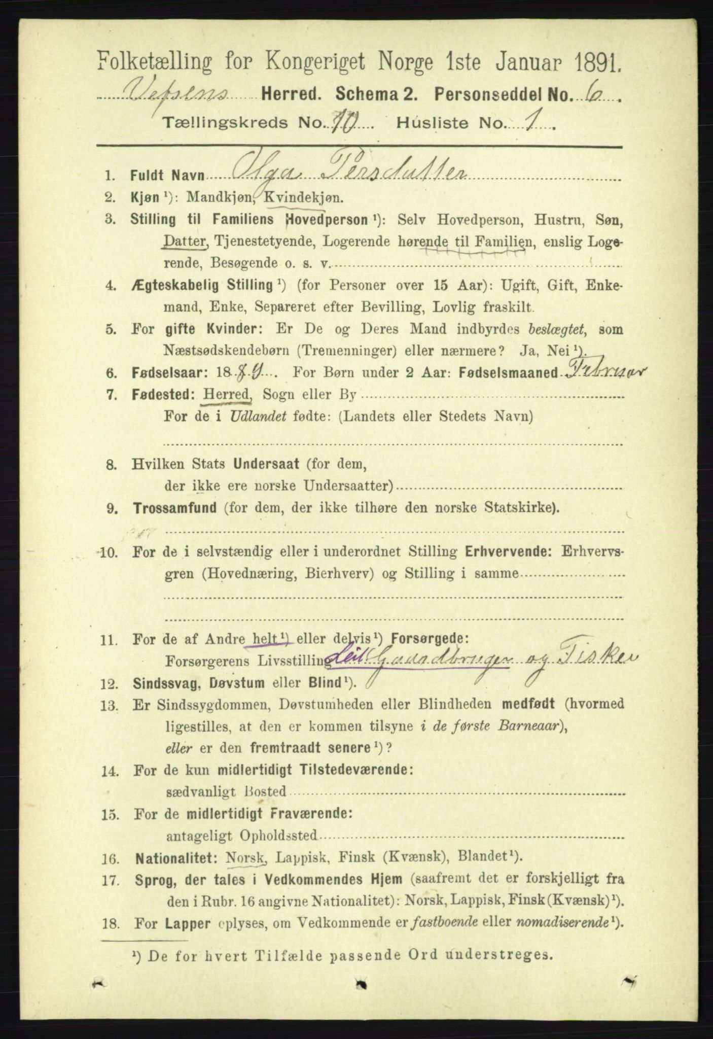 RA, 1891 census for 1824 Vefsn, 1891, p. 5198