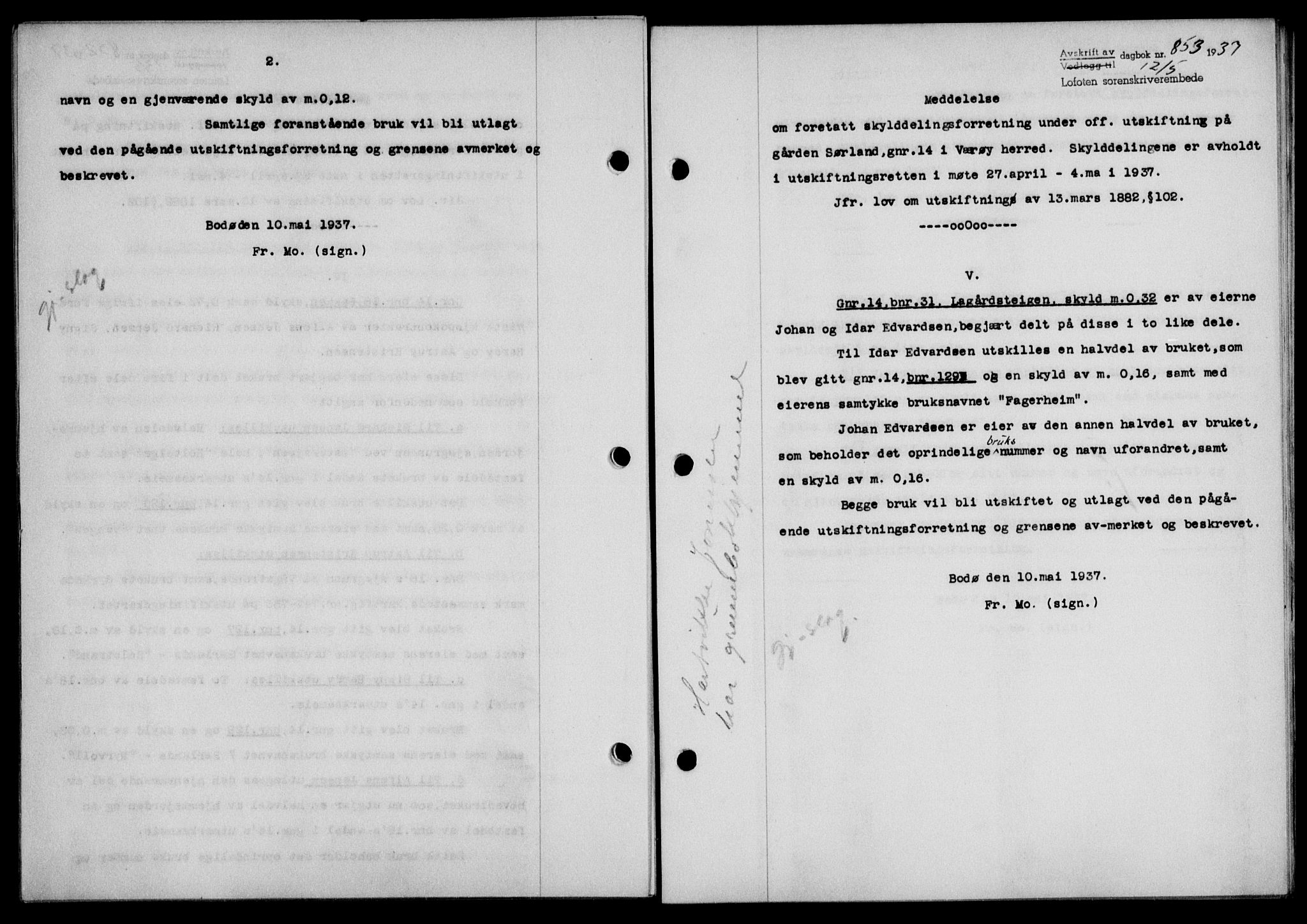 Lofoten sorenskriveri, SAT/A-0017/1/2/2C/L0002a: Mortgage book no. 2a, 1937-1937, Diary no: : 853/1937