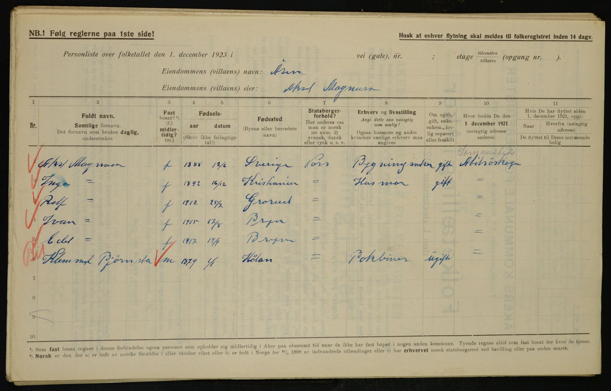 , Municipal Census 1923 for Aker, 1923, p. 44849