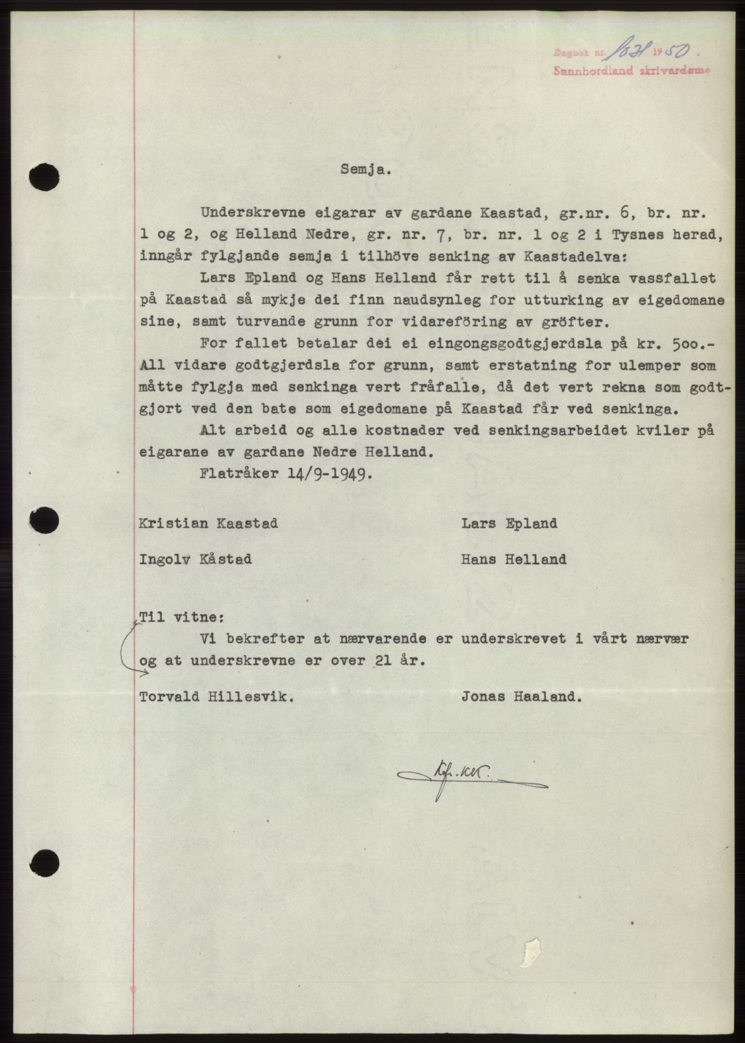 Sunnhordland sorenskrivar, AV/SAB-A-2401: Mortgage book no. B75-79, 1948-1950, Diary no: : 1021/1950