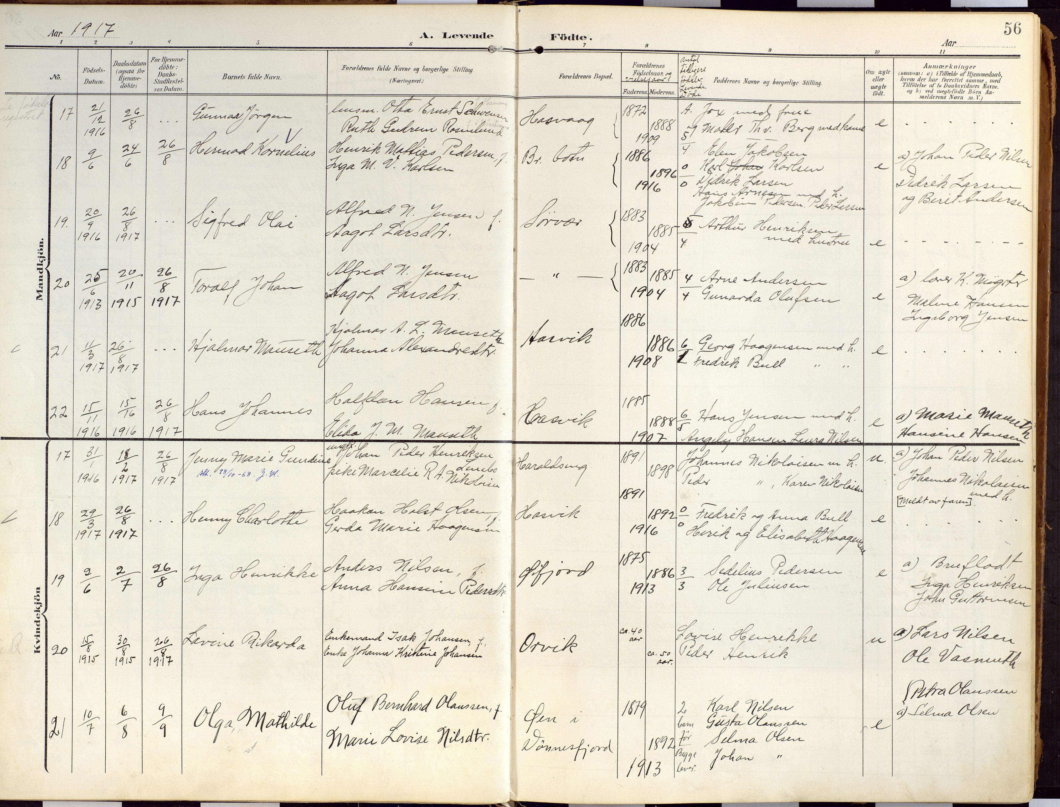 Loppa sokneprestkontor, AV/SATØ-S-1339/H/Ha/L0010kirke: Parish register (official) no. 10, 1907-1922, p. 56