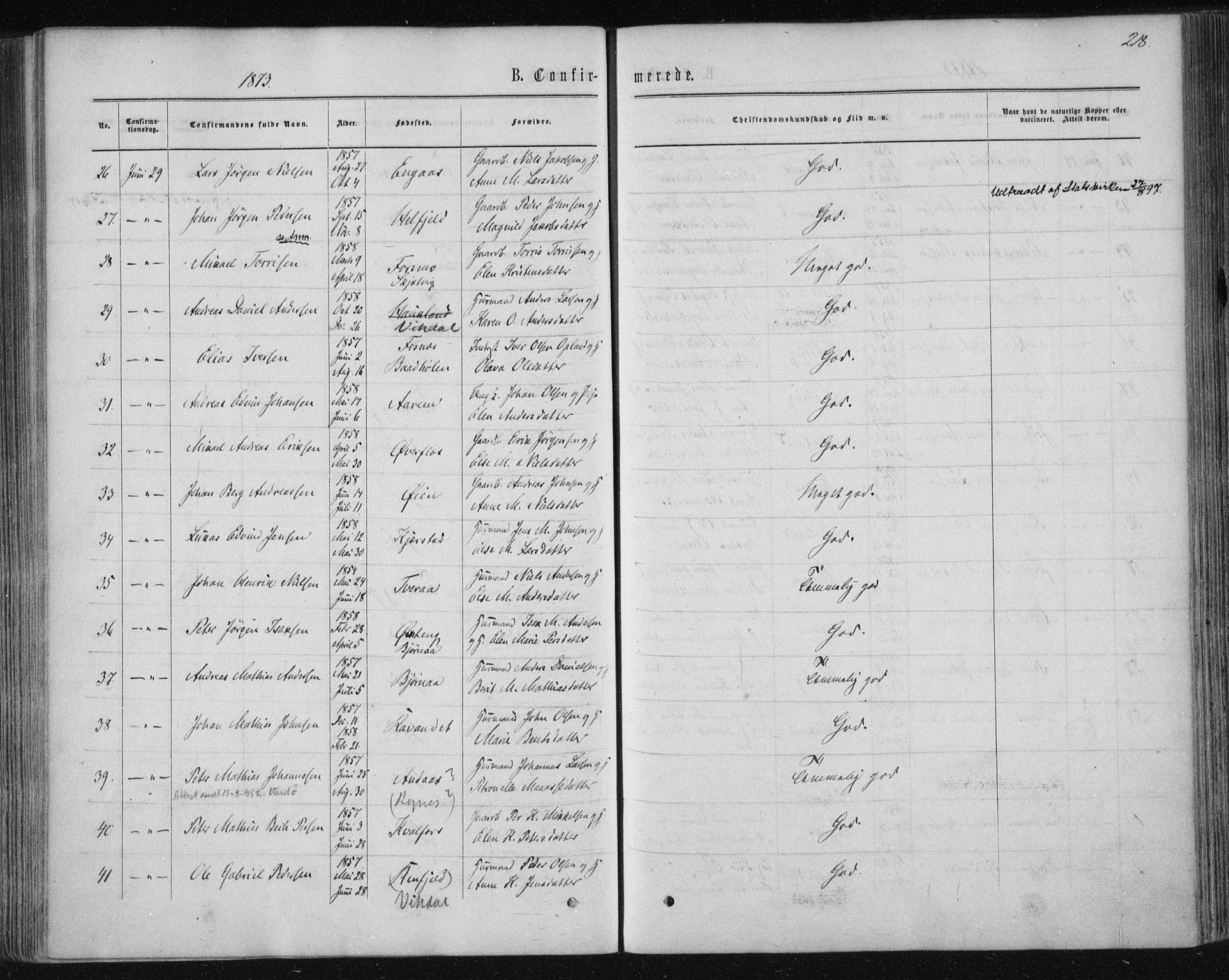 Ministerialprotokoller, klokkerbøker og fødselsregistre - Nordland, SAT/A-1459/820/L0294: Parish register (official) no. 820A15, 1866-1879, p. 218