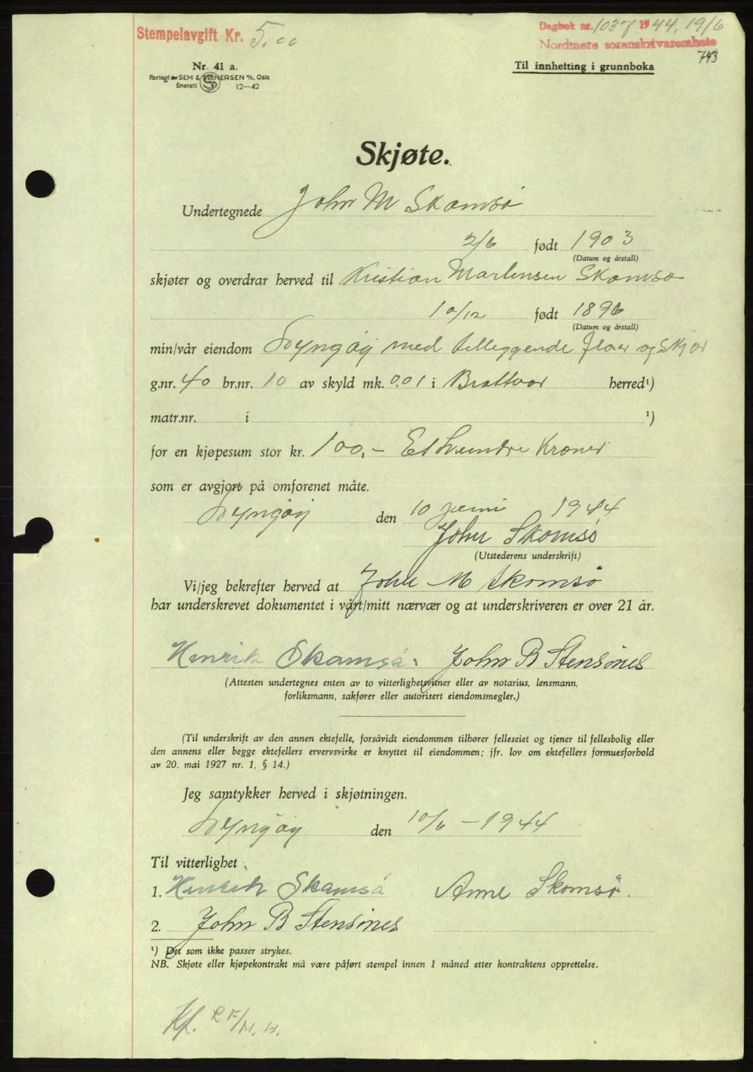 Nordmøre sorenskriveri, AV/SAT-A-4132/1/2/2Ca: Mortgage book no. A97, 1944-1944, Diary no: : 1037/1944