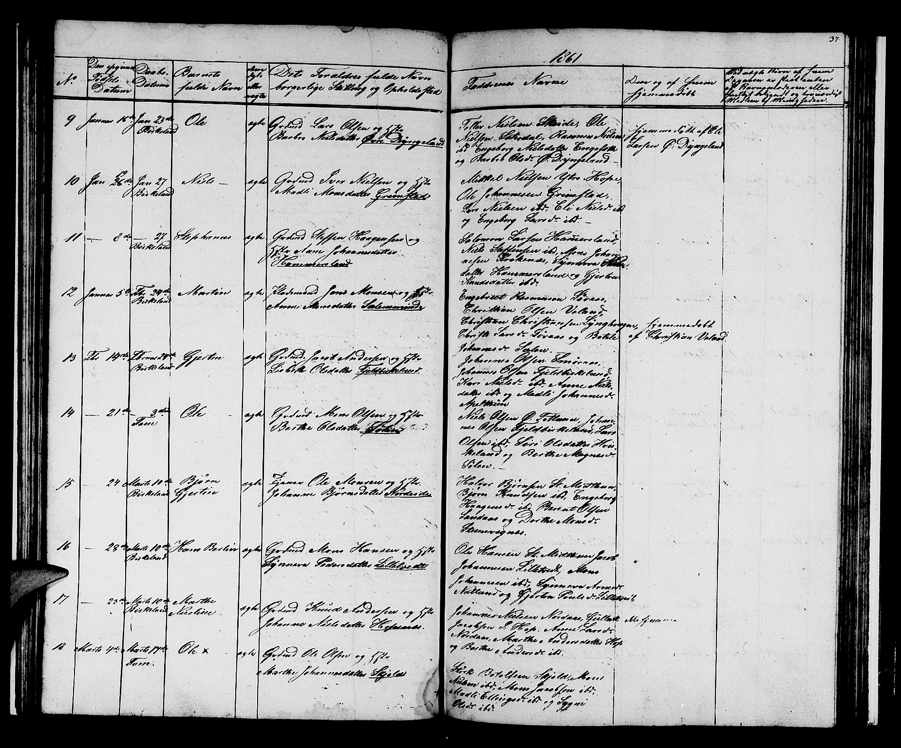 Birkeland Sokneprestembete, SAB/A-74601/H/Hab: Parish register (copy) no. A 1, 1853-1862, p. 37