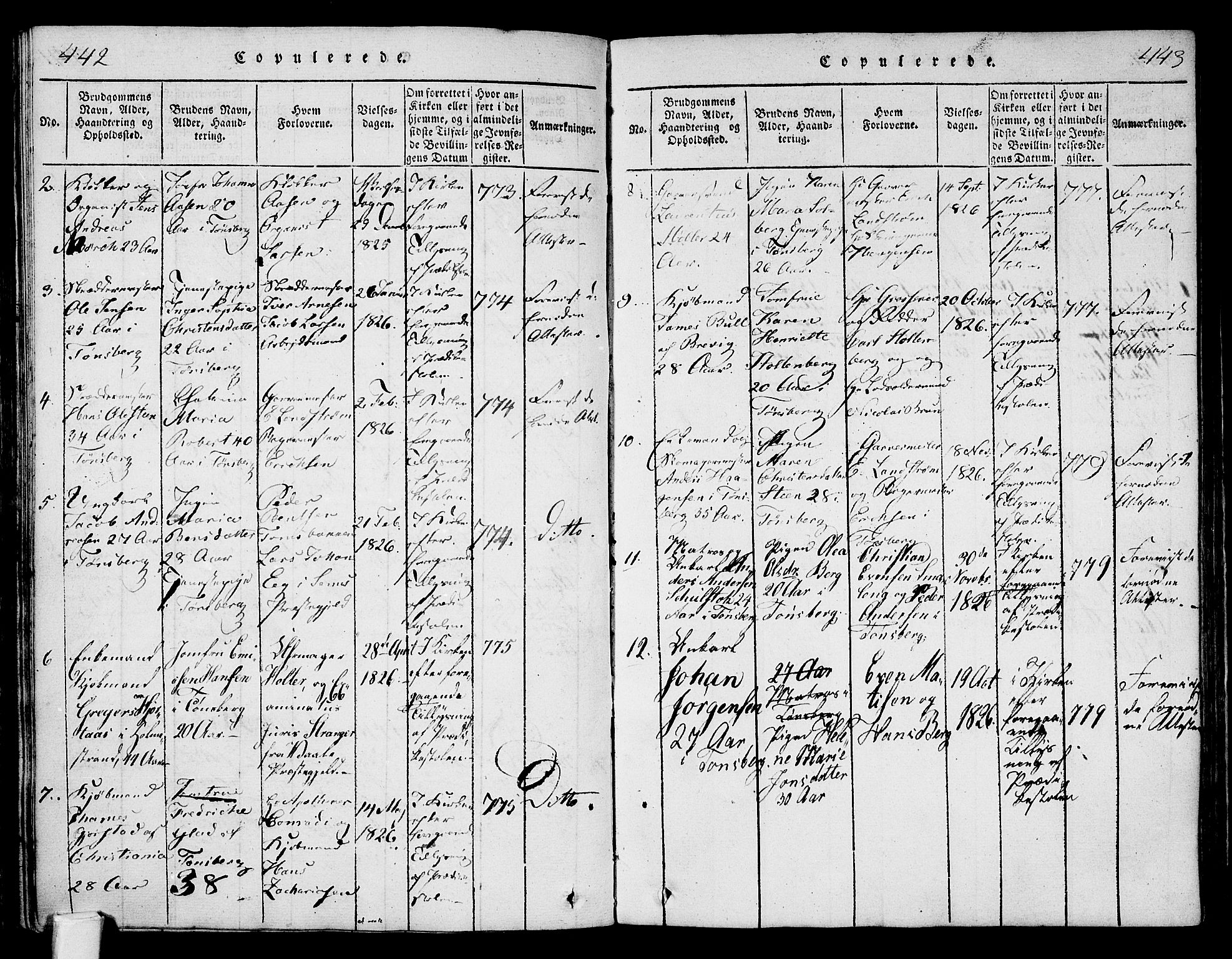 Tønsberg kirkebøker, SAKO/A-330/F/Fa/L0004: Parish register (official) no. I 4, 1813-1826, p. 442-443