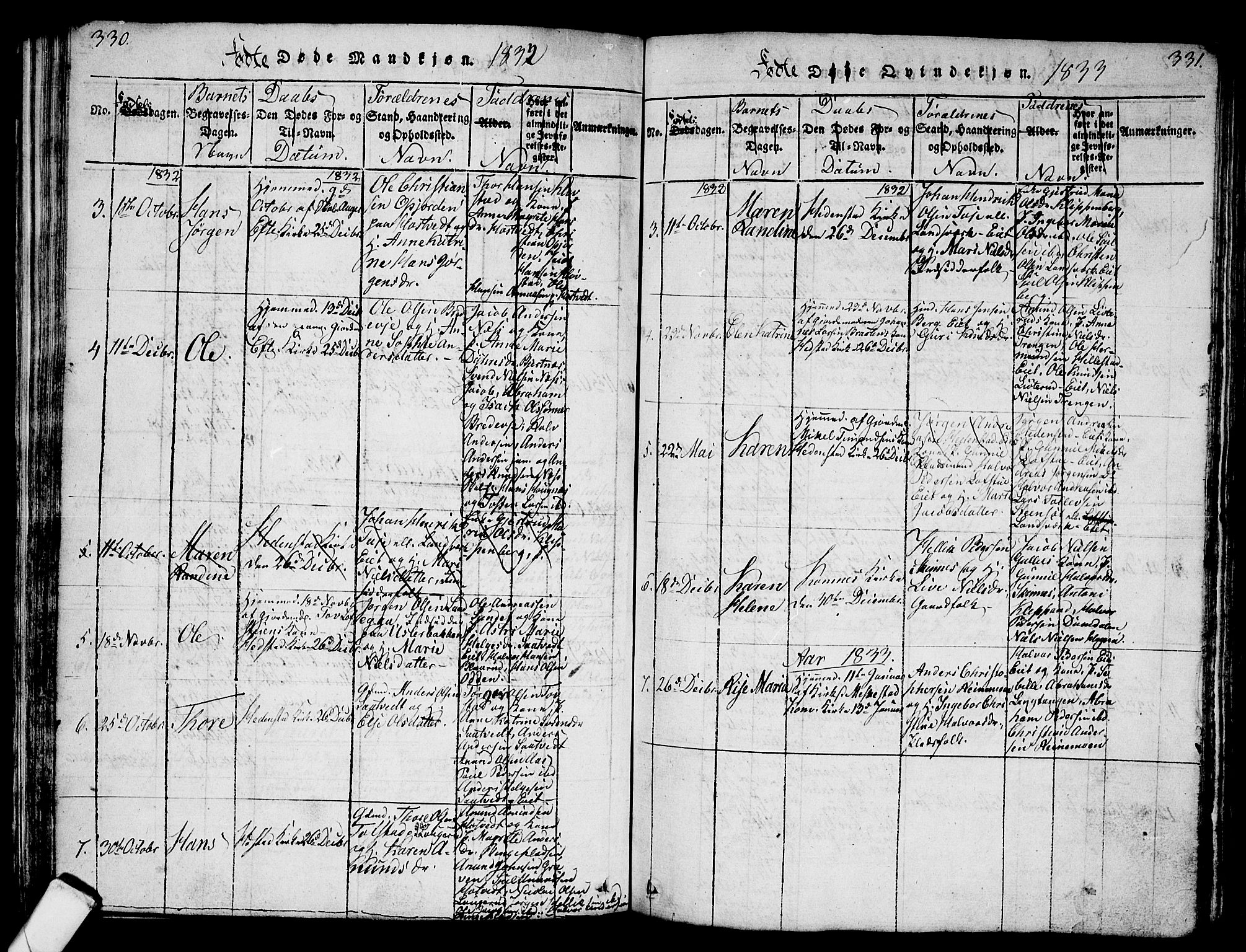 Sandsvær kirkebøker, AV/SAKO-A-244/G/Ga/L0003: Parish register (copy) no. I 3, 1817-1839, p. 330-331