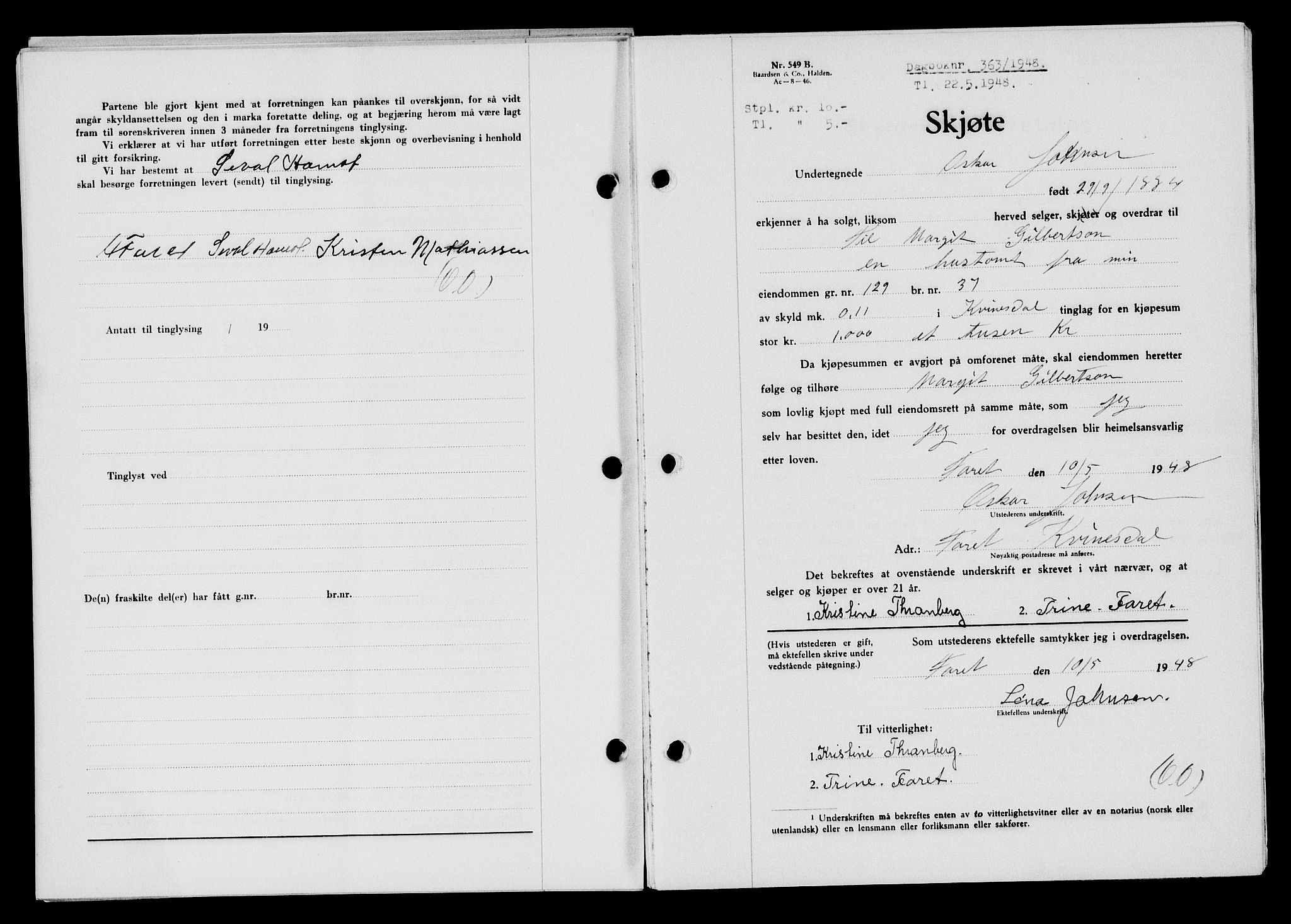 Flekkefjord sorenskriveri, AV/SAK-1221-0001/G/Gb/Gba/L0063: Mortgage book no. A-11, 1947-1948, Diary no: : 363/1948