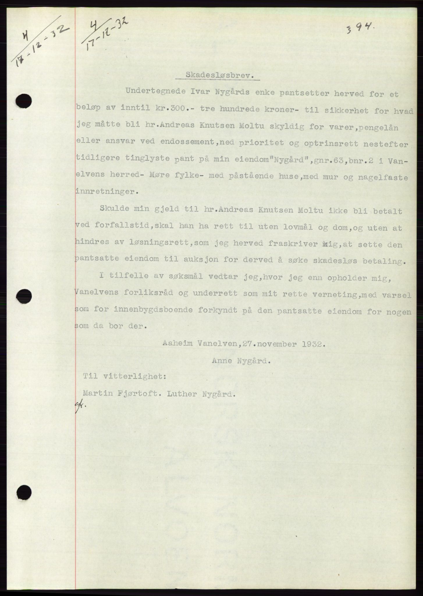 Søre Sunnmøre sorenskriveri, AV/SAT-A-4122/1/2/2C/L0054: Mortgage book no. 48, 1932-1933, Deed date: 17.12.1932