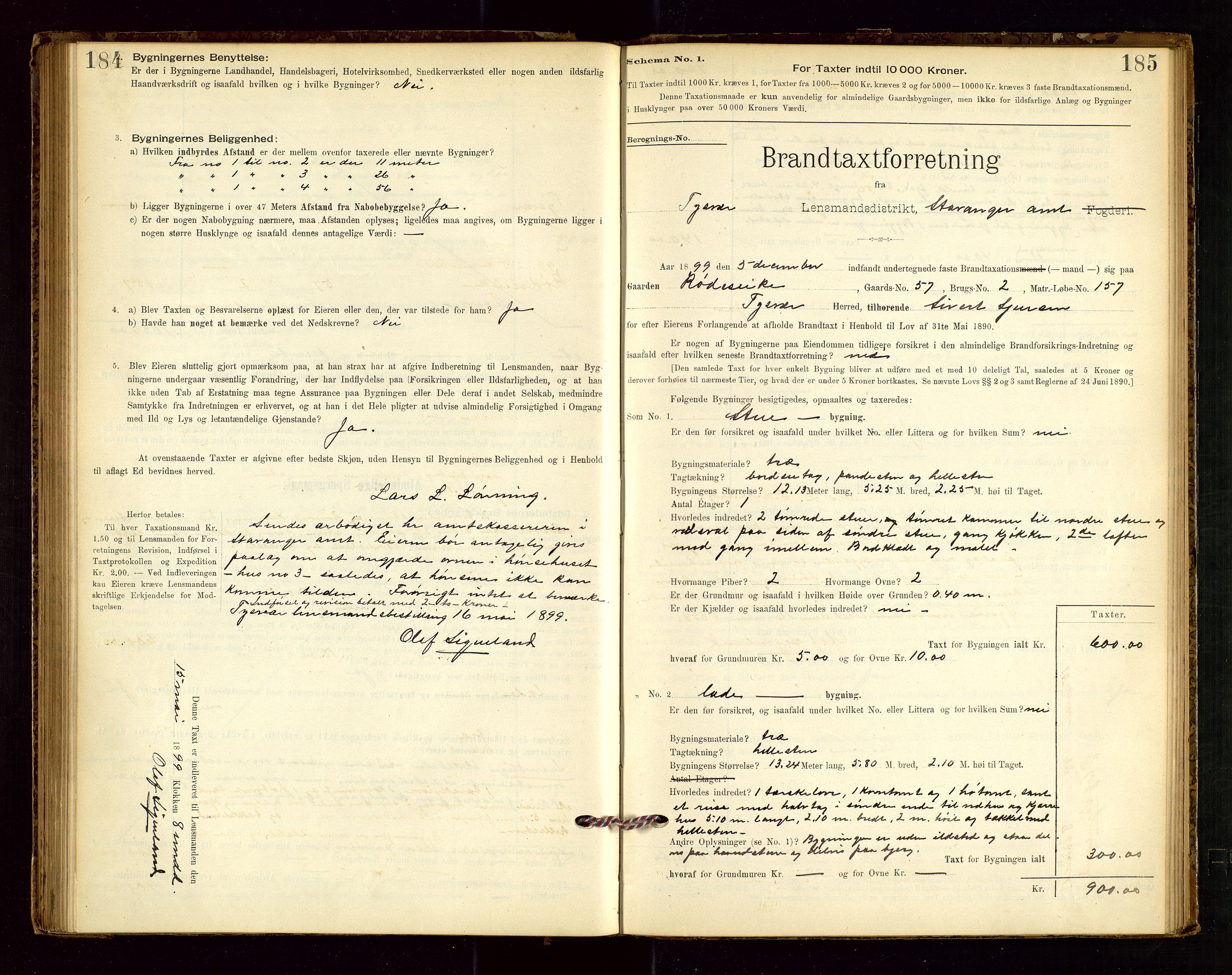 Tysvær lensmannskontor, AV/SAST-A-100192/Gob/L0001: "Brandtaxationsprotokol for Tysvær Lensmandsdistrikt Ryfylke Fogderi", 1894-1916, p. 184-185