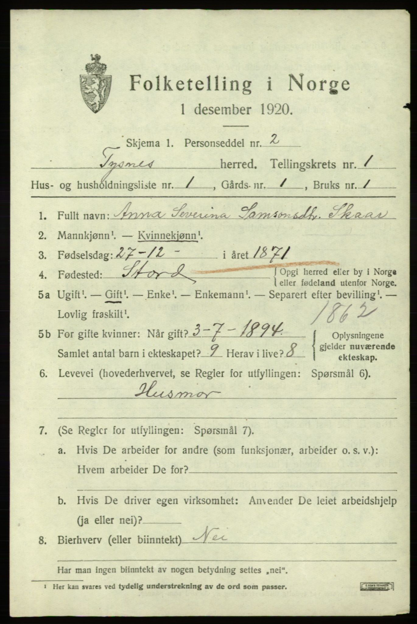 SAB, 1920 census for Tysnes, 1920, p. 1648