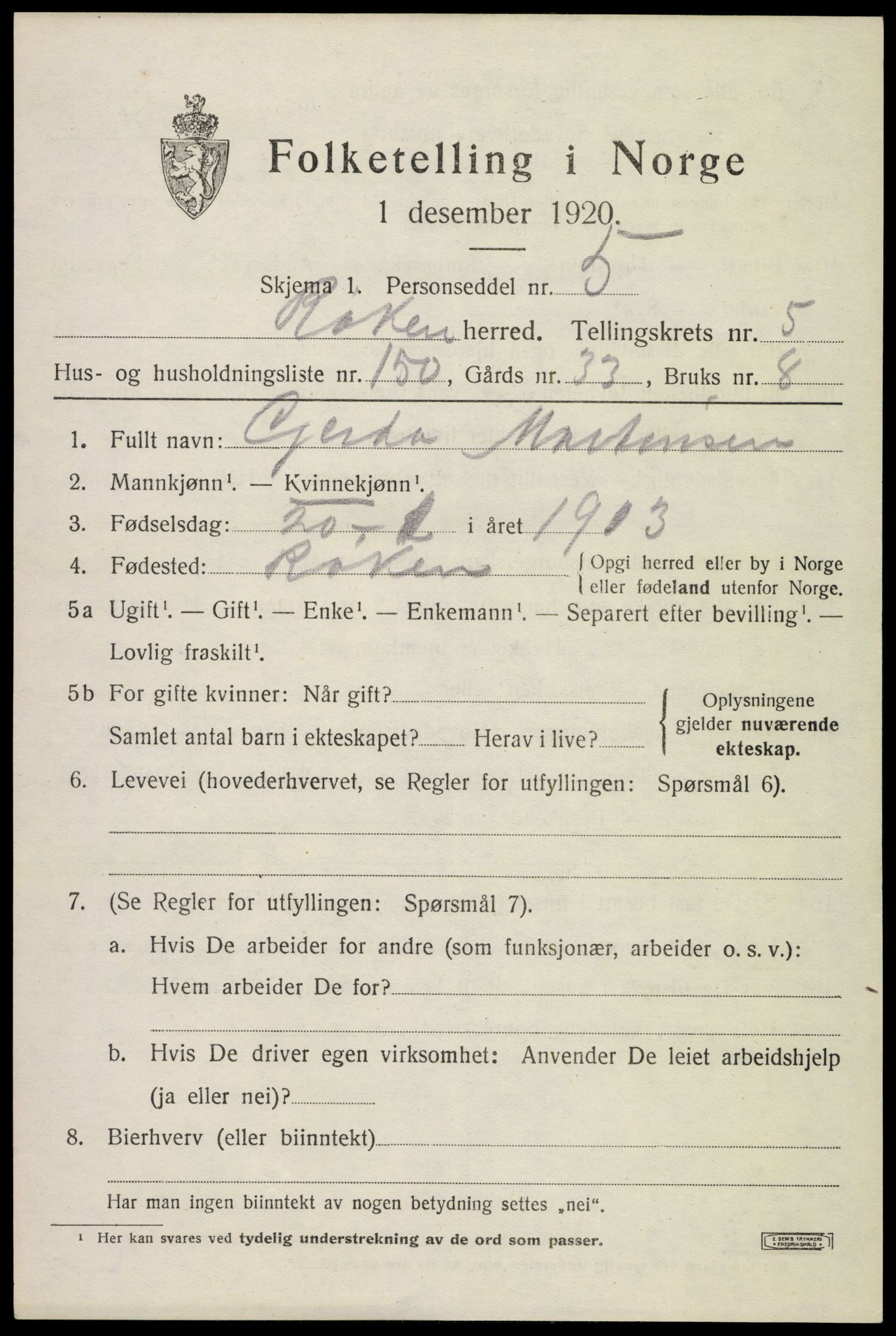 SAKO, 1920 census for Røyken, 1920, p. 9714