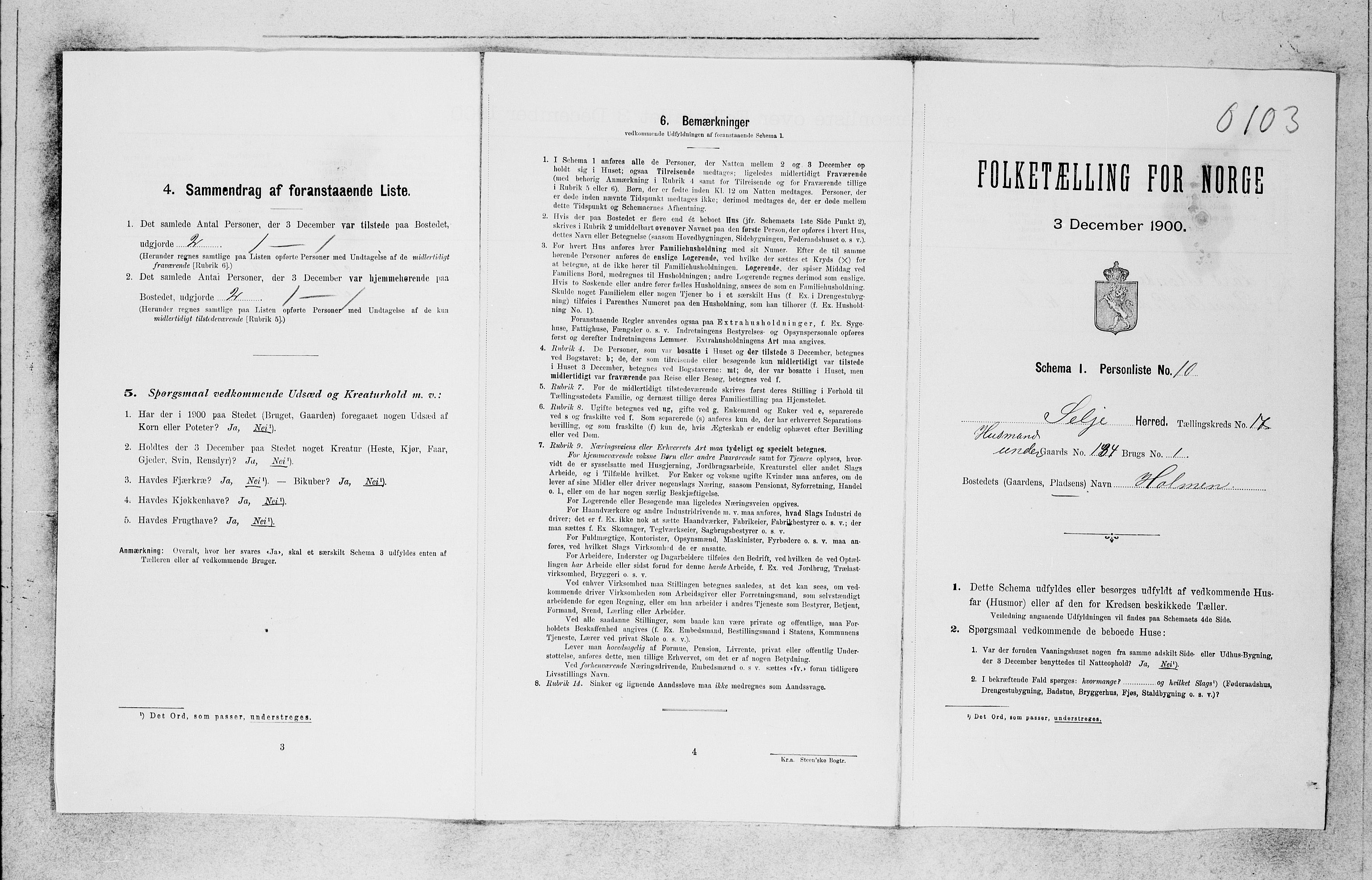 SAB, 1900 census for Selje, 1900, p. 1652