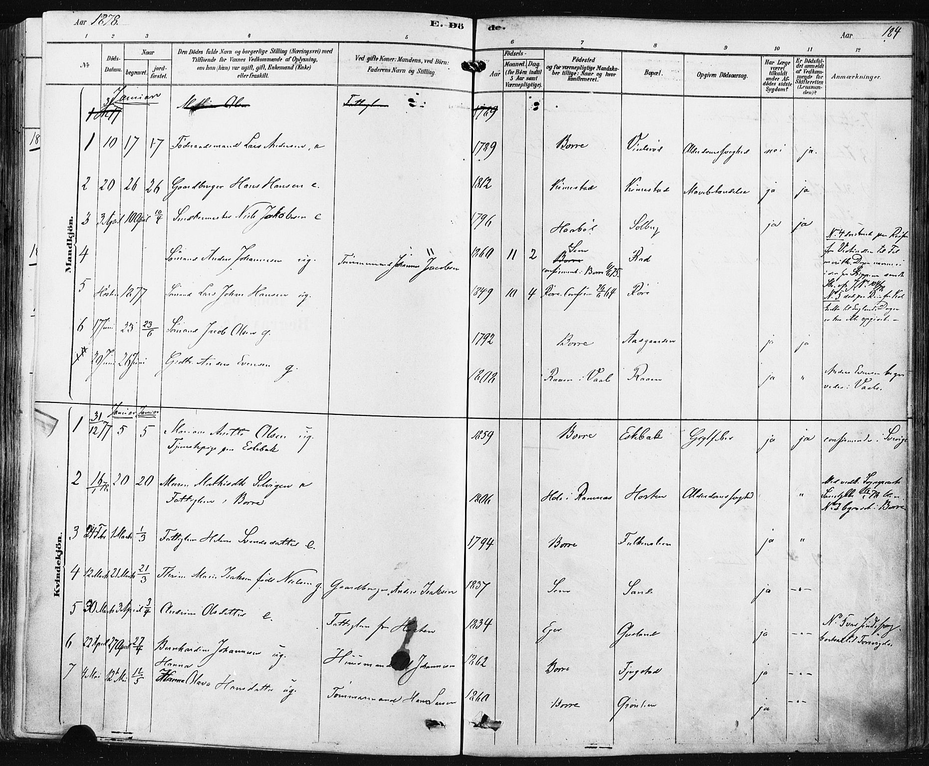 Borre kirkebøker, SAKO/A-338/F/Fa/L0009: Parish register (official) no. I 9, 1878-1896, p. 184