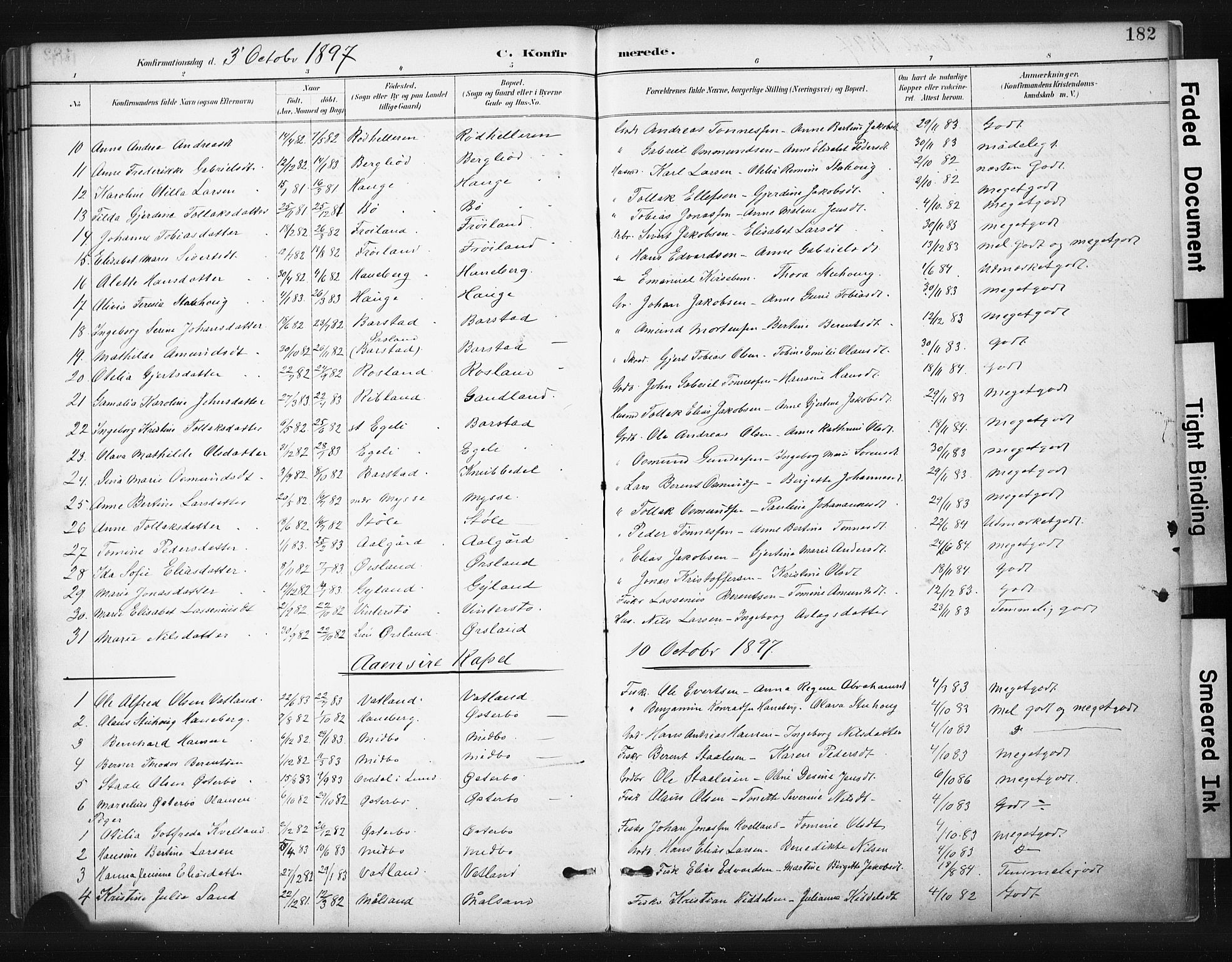 Sokndal sokneprestkontor, AV/SAST-A-101808: Parish register (official) no. A 11.1, 1887-1905, p. 182