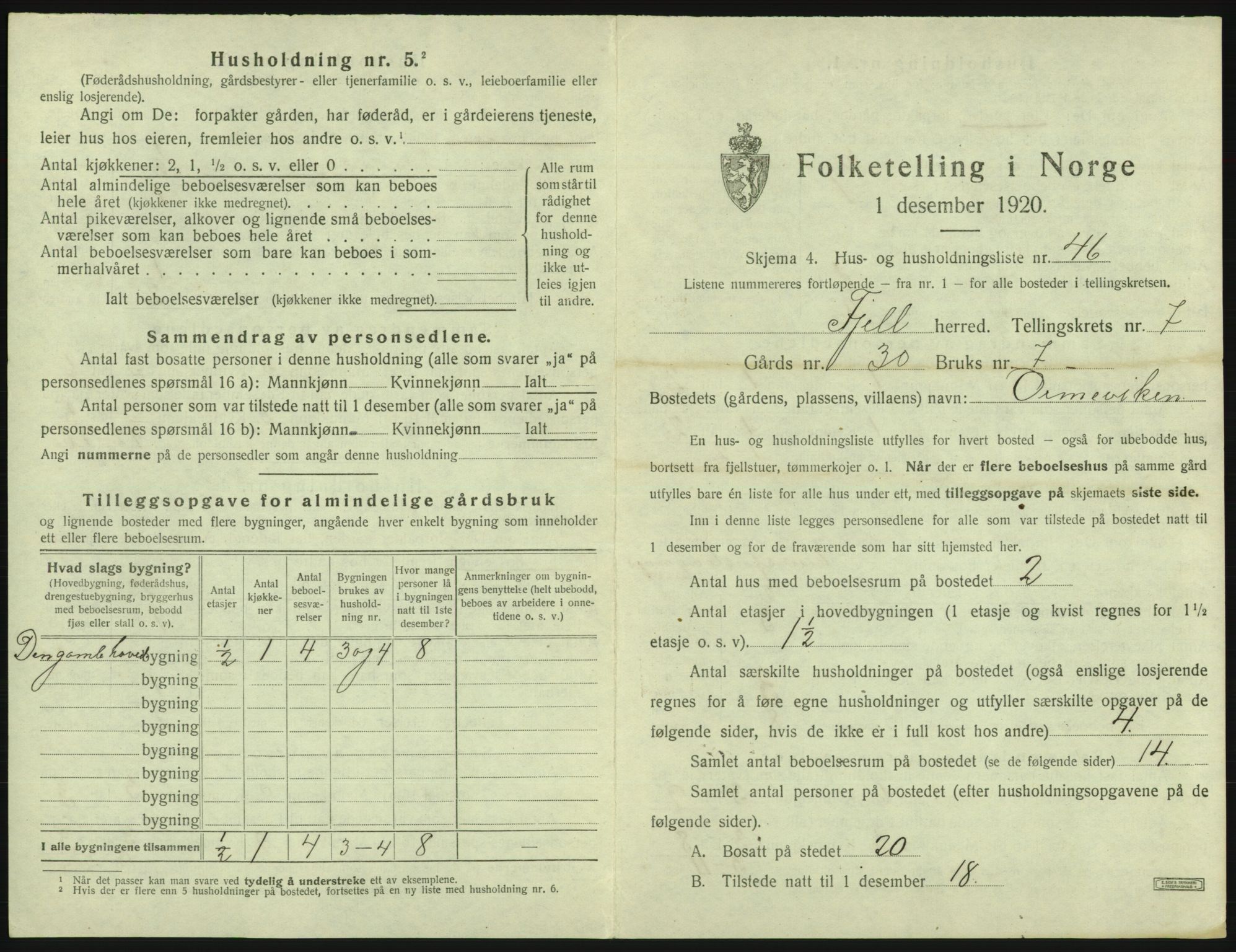 SAB, 1920 census for Fjell, 1920, p. 881