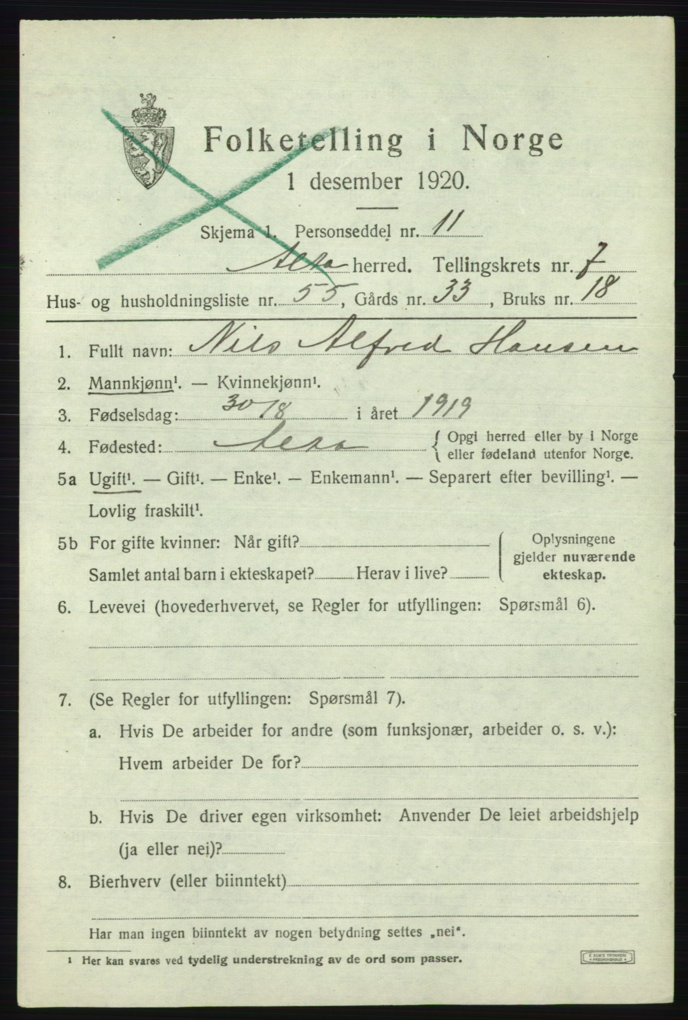 SATØ, 1920 census for Alta, 1920, p. 6039