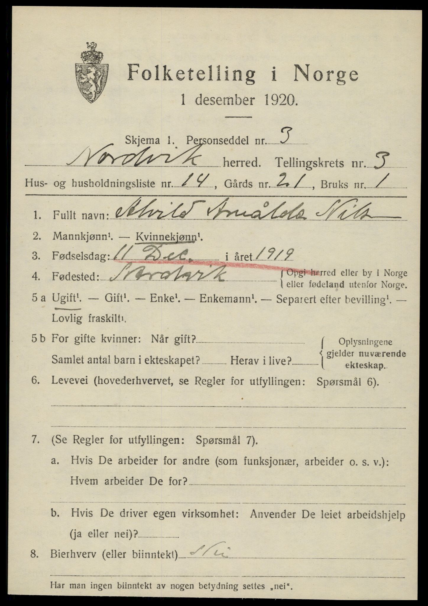 SAT, 1920 census for Nordvik, 1920, p. 1444