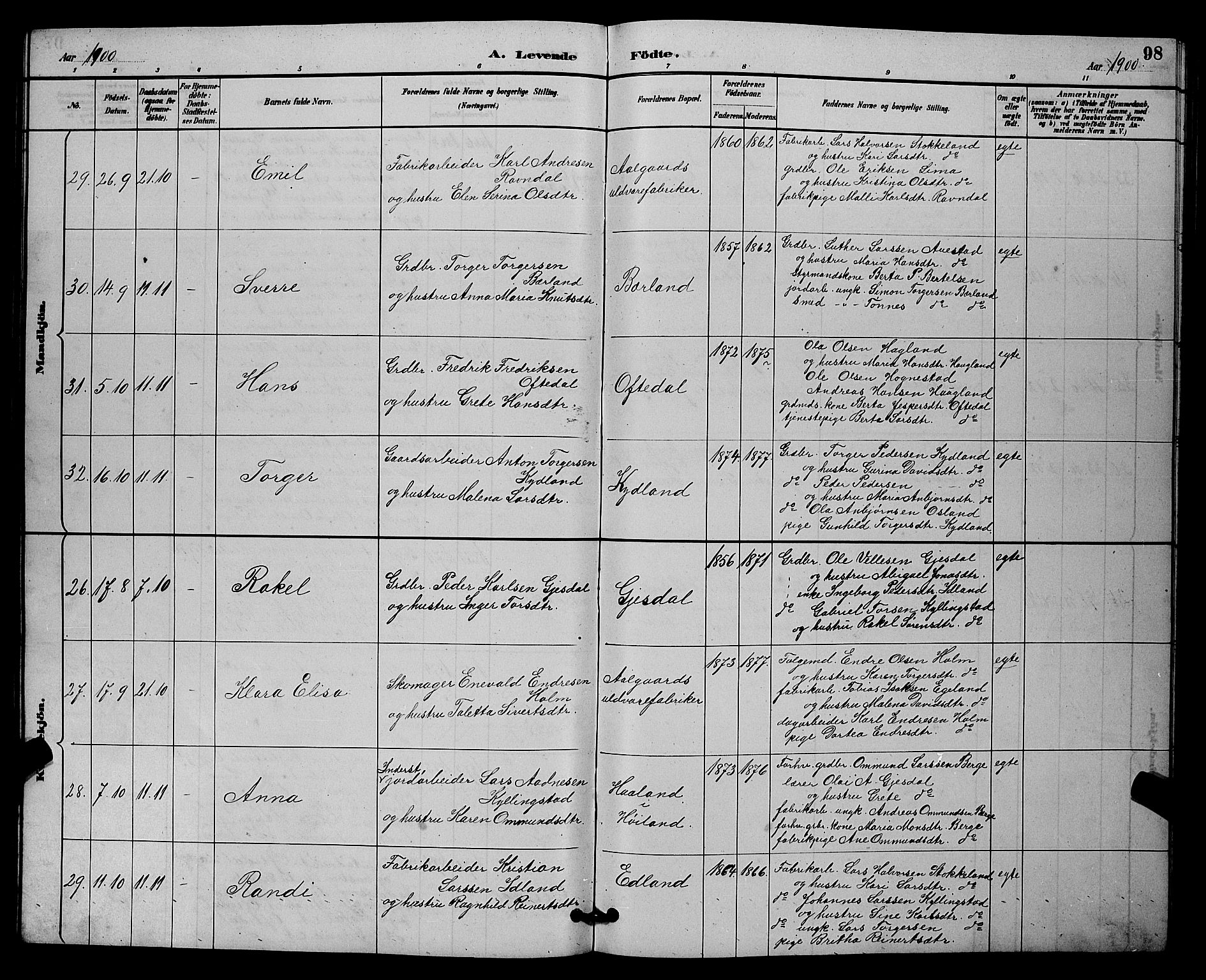 Lye sokneprestkontor, AV/SAST-A-101794/001/30BB/L0008: Parish register (copy) no. B 7, 1887-1901, p. 98