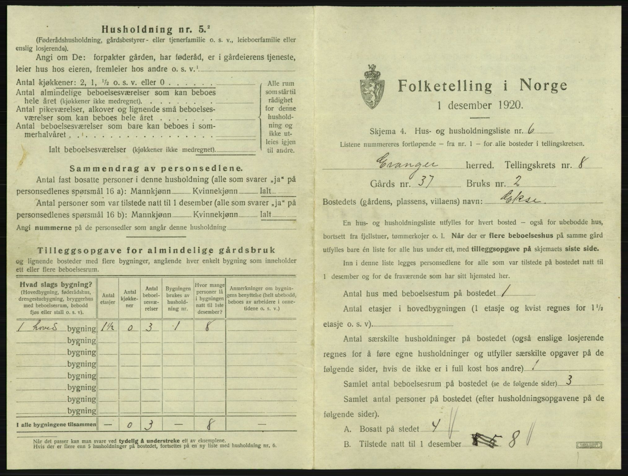 SAB, 1920 census for Evanger, 1920, p. 373