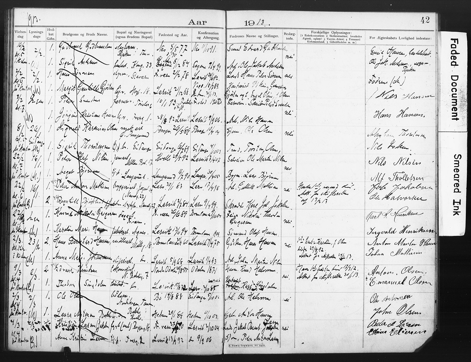 Larvik kirkebøker, AV/SAKO-A-352/H/Ha/L0003: Banns register no. 3, 1907-1918, p. 42