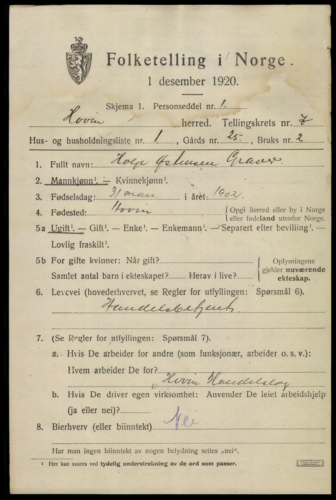 SAKO, 1920 census for Hovin, 1920, p. 1691