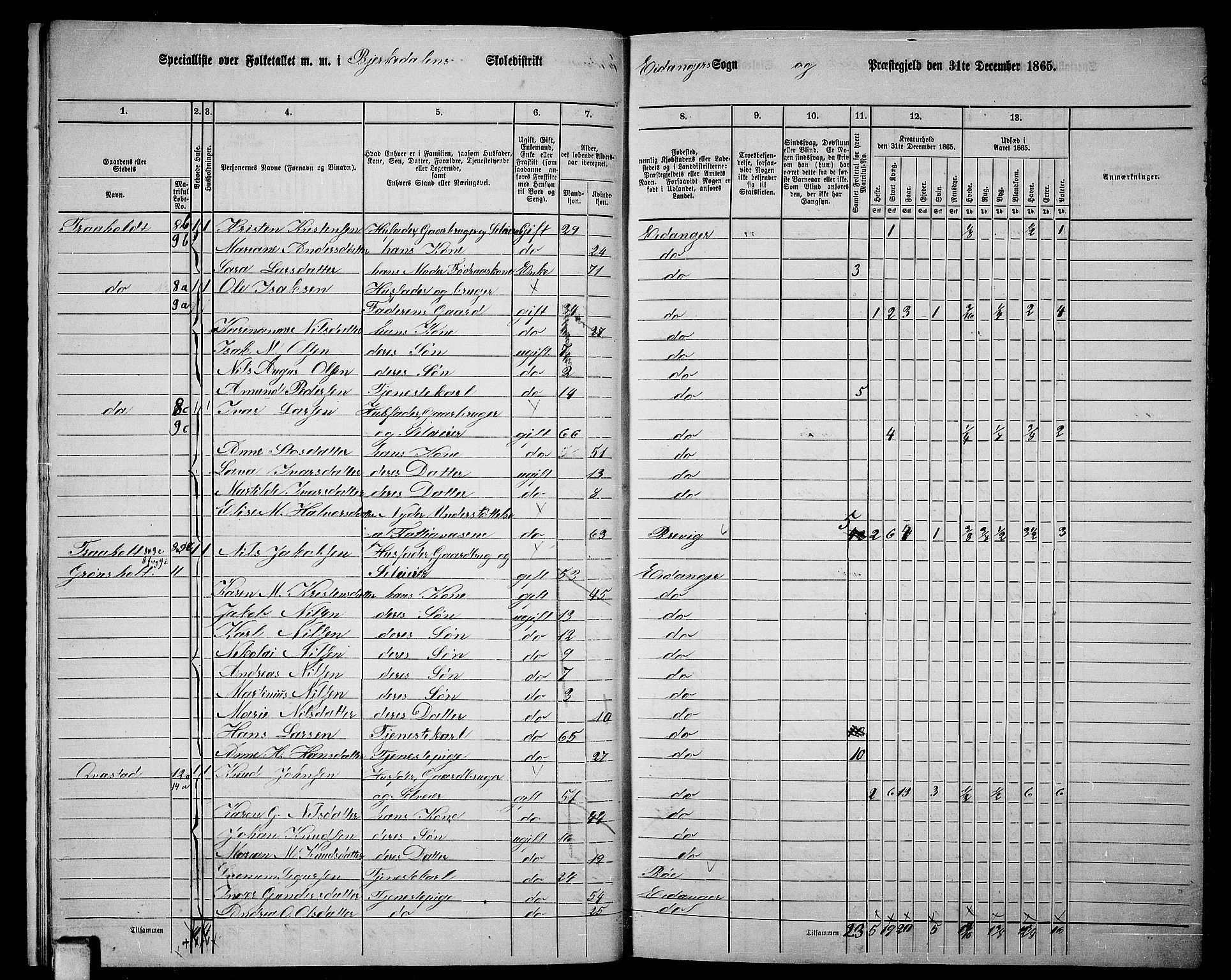 RA, 1865 census for Eidanger, 1865, p. 12