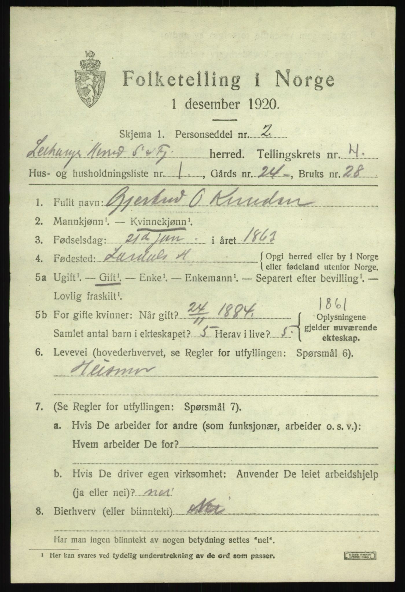 SAB, 1920 census for Leikanger, 1920, p. 2840