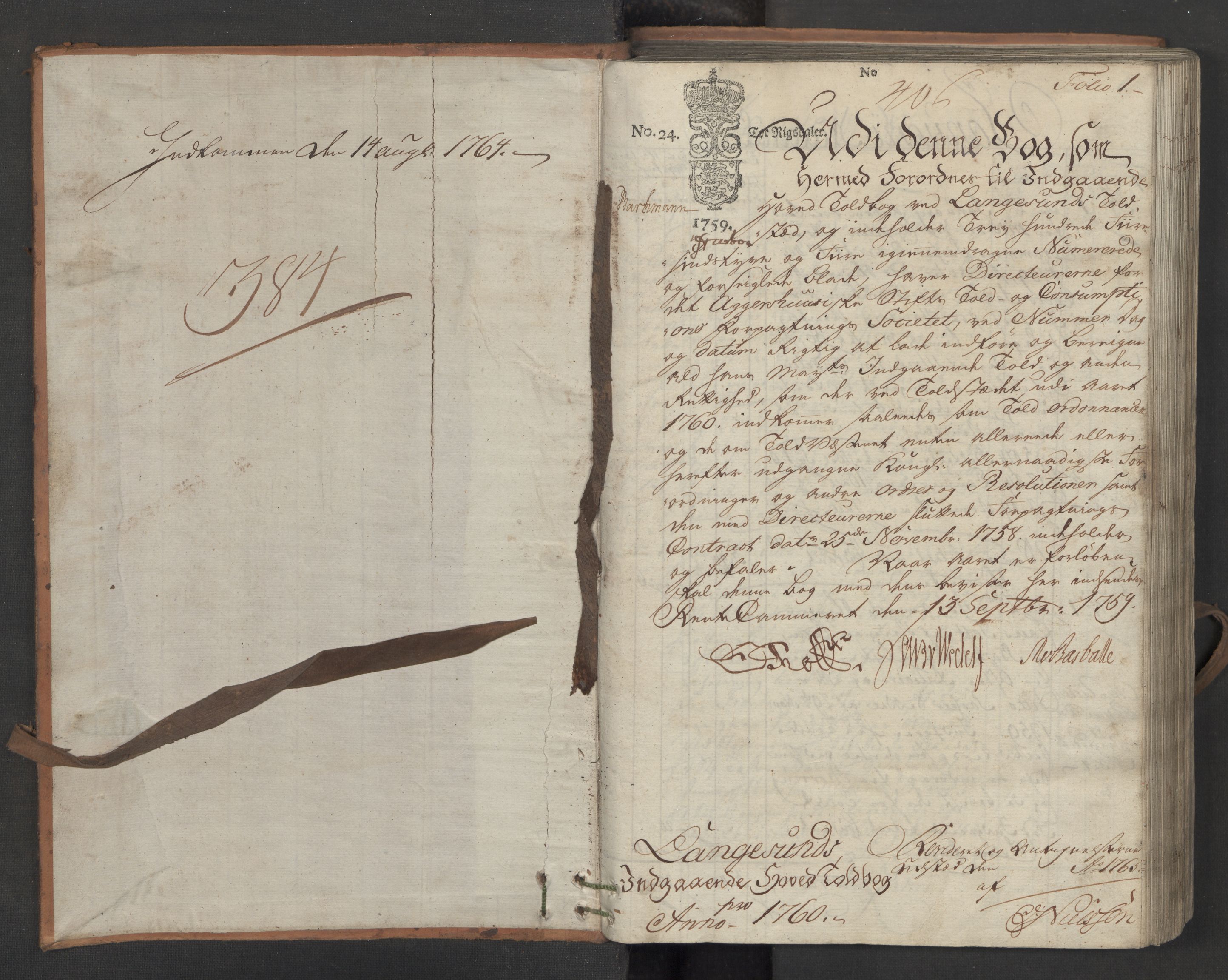 Generaltollkammeret, tollregnskaper, AV/RA-EA-5490/R12/L0040/0001: Tollregnskaper Langesund / Inngående hovedtollbok, 1760