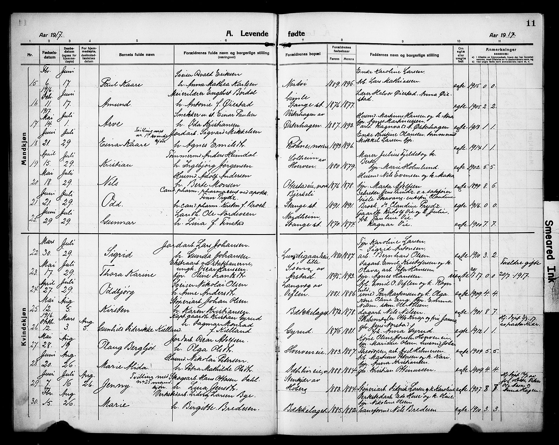 Stange prestekontor, AV/SAH-PREST-002/L/L0015: Parish register (copy) no. 15, 1916-1928, p. 11
