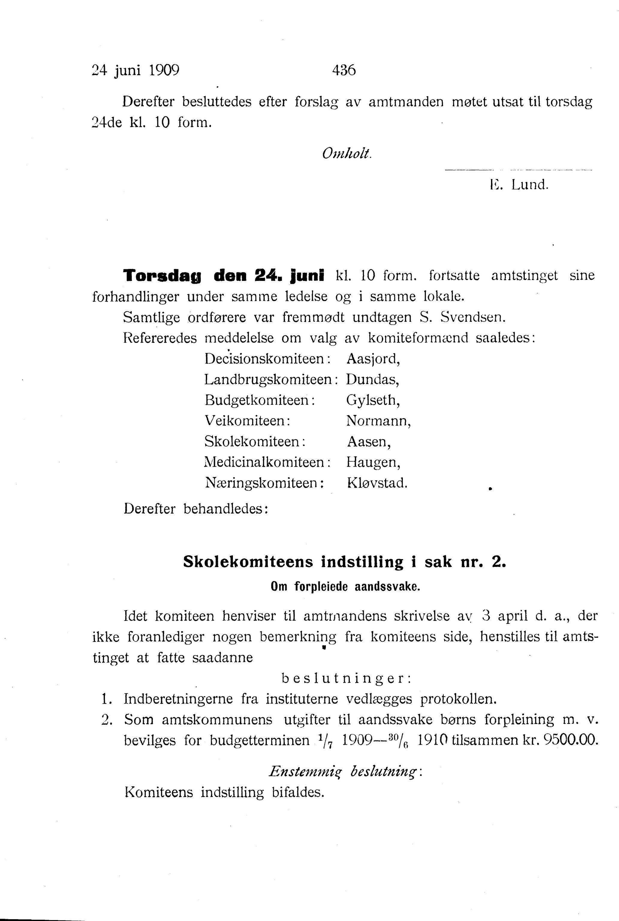 Nordland Fylkeskommune. Fylkestinget, AIN/NFK-17/176/A/Ac/L0032: Fylkestingsforhandlinger 1909, 1909, p. 436