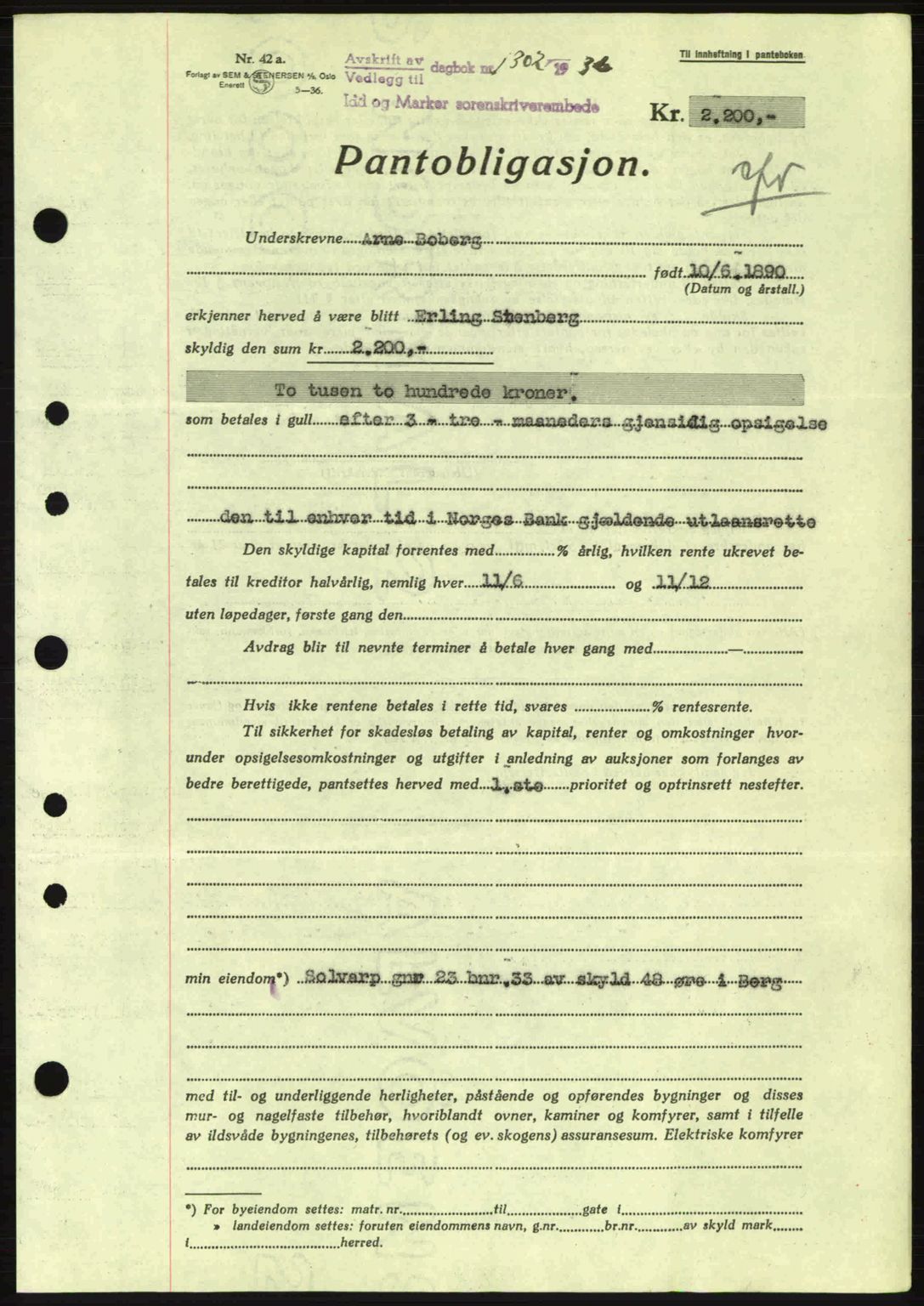 Idd og Marker sorenskriveri, AV/SAO-A-10283/G/Gb/Gbc/L0001: Mortgage book no. B1-3, 1936-1939, Diary no: : 1302/1936