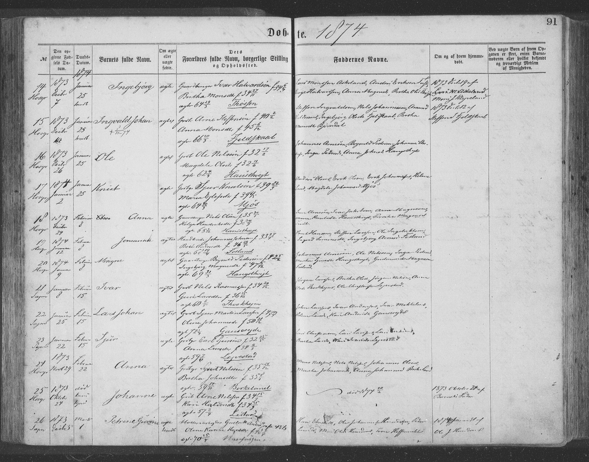 Hosanger sokneprestembete, AV/SAB-A-75801/H/Haa: Parish register (official) no. A 9, 1864-1876, p. 91